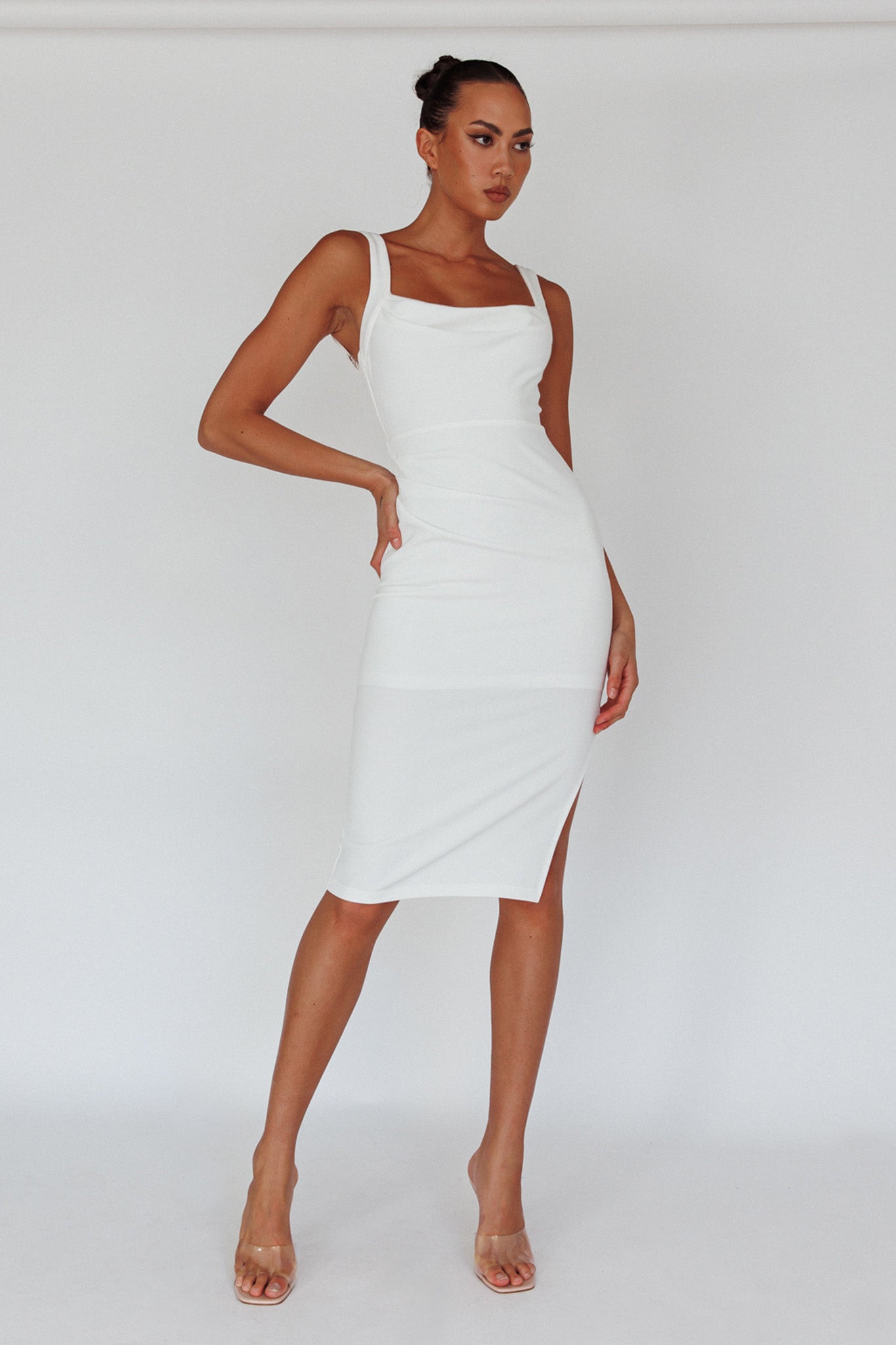 Bella Vista Cowl Neckline Thick Strap Knee Length Dress White-Maymioy