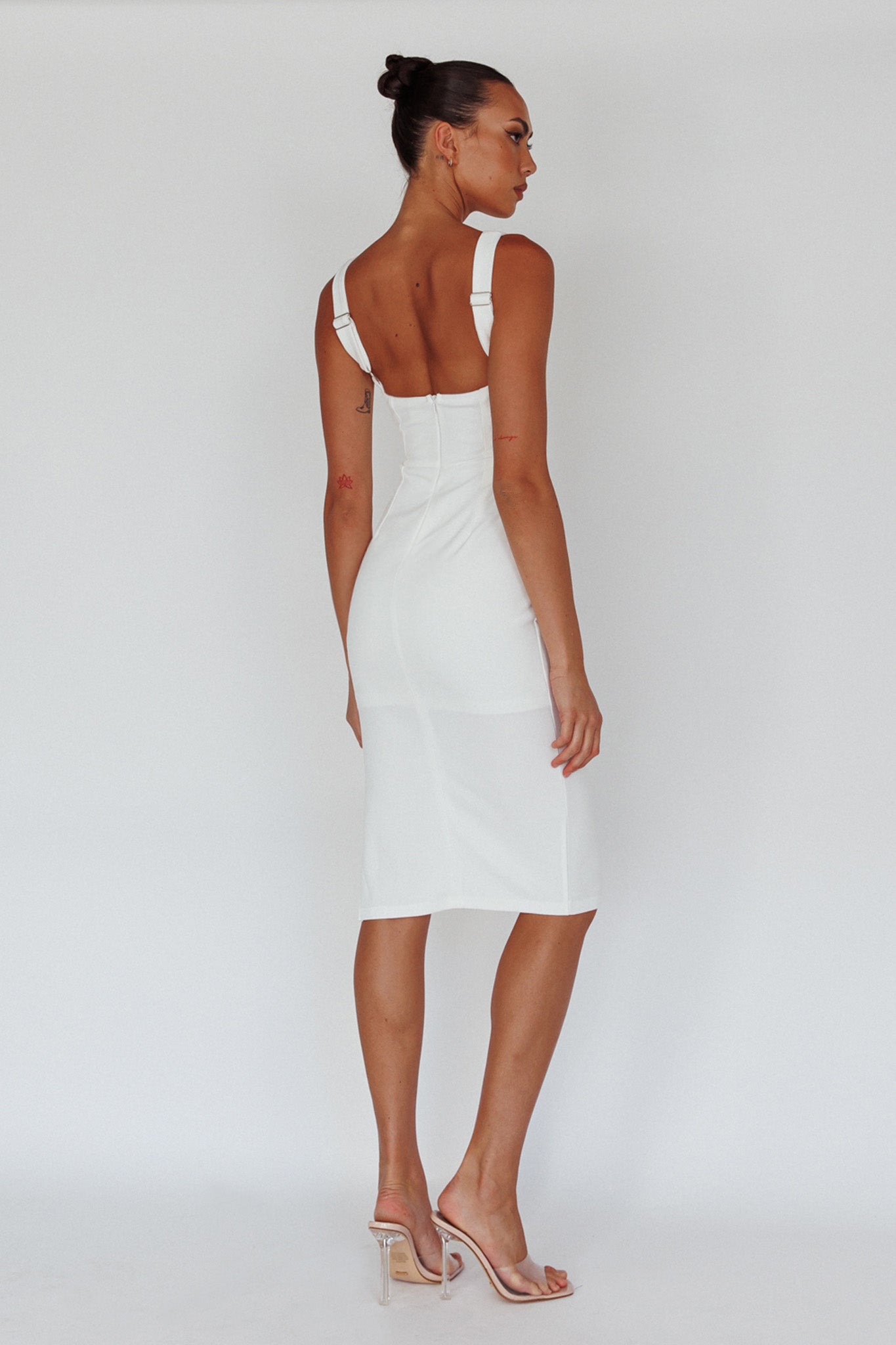 Bella Vista Cowl Neckline Thick Strap Knee Length Dress White-Maymioy