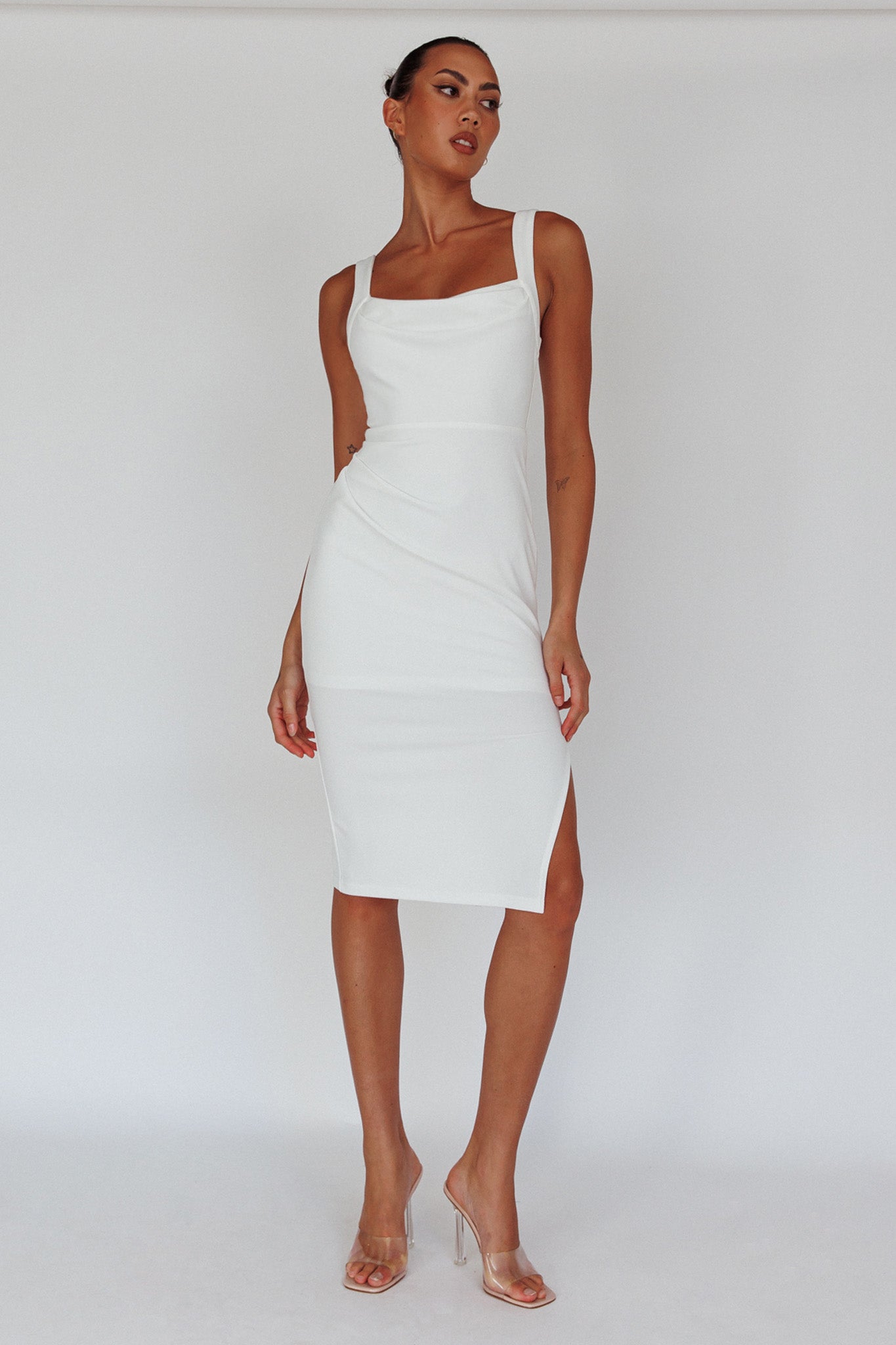 Bella Vista Cowl Neckline Thick Strap Knee Length Dress White-Maymioy