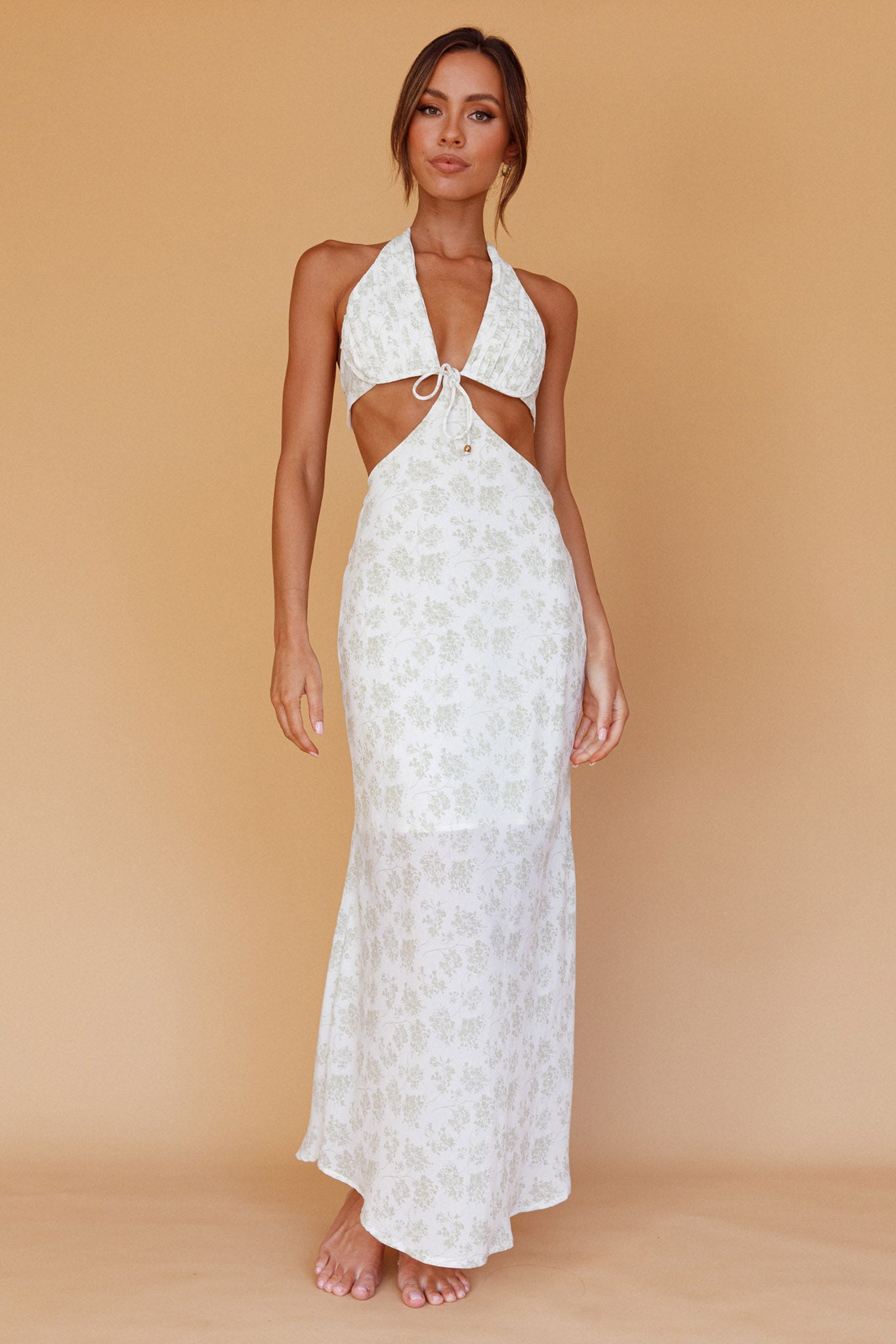 Paradise Found Cut-Out Midi Dress Floral Sage-Maymioy