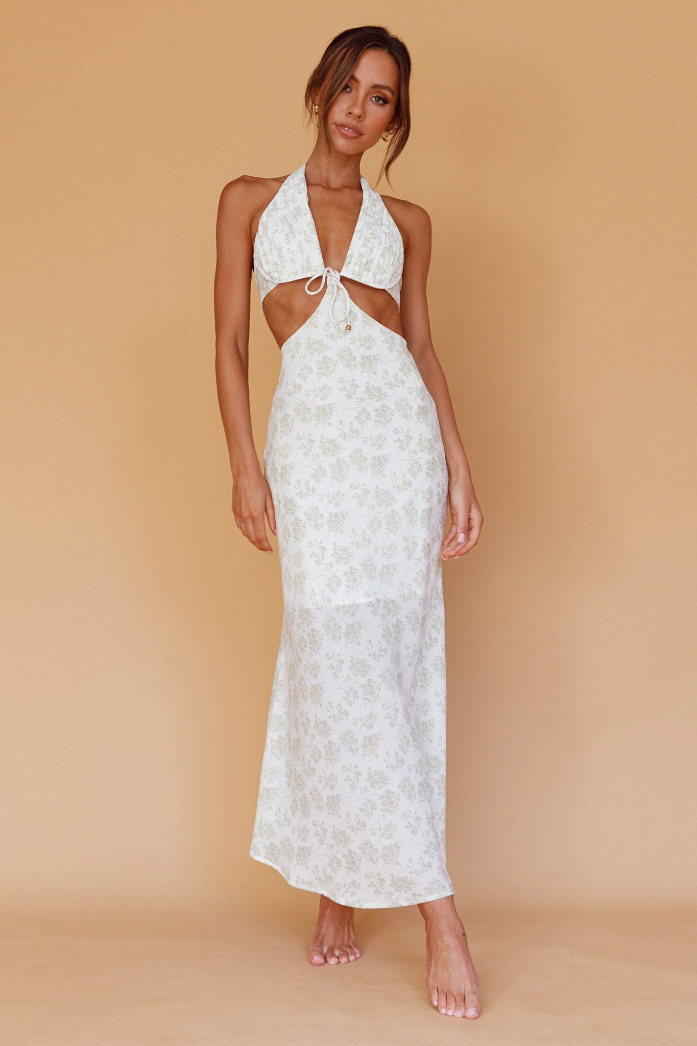 Paradise Found Cut-Out Midi Dress Floral Sage-Maymioy