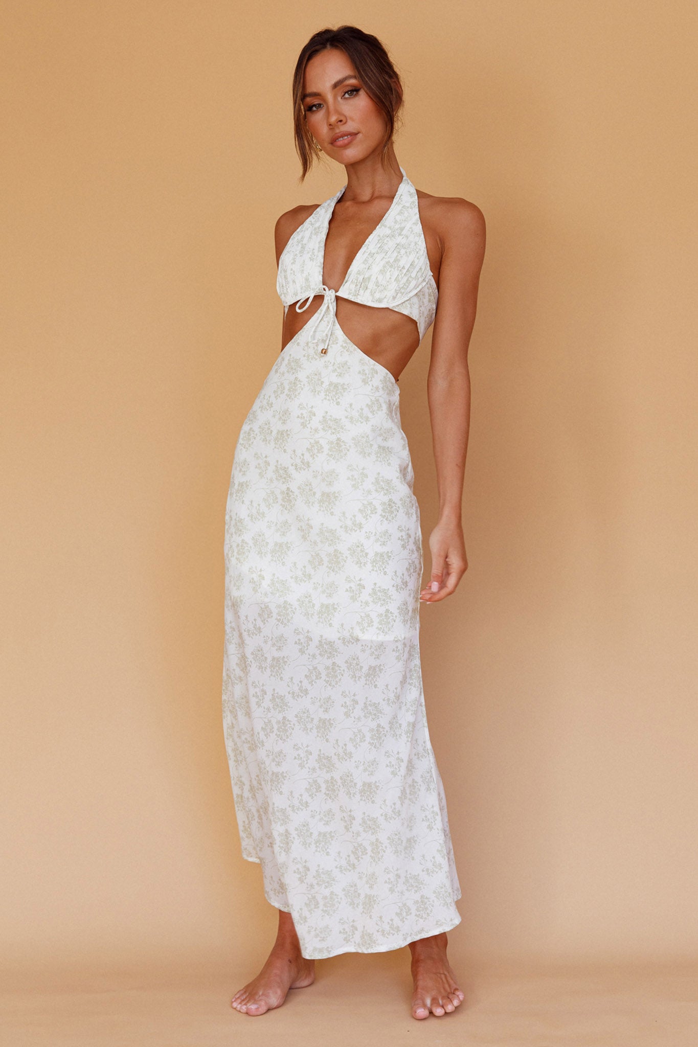 Paradise Found Cut-Out Midi Dress Floral Sage-Maymioy