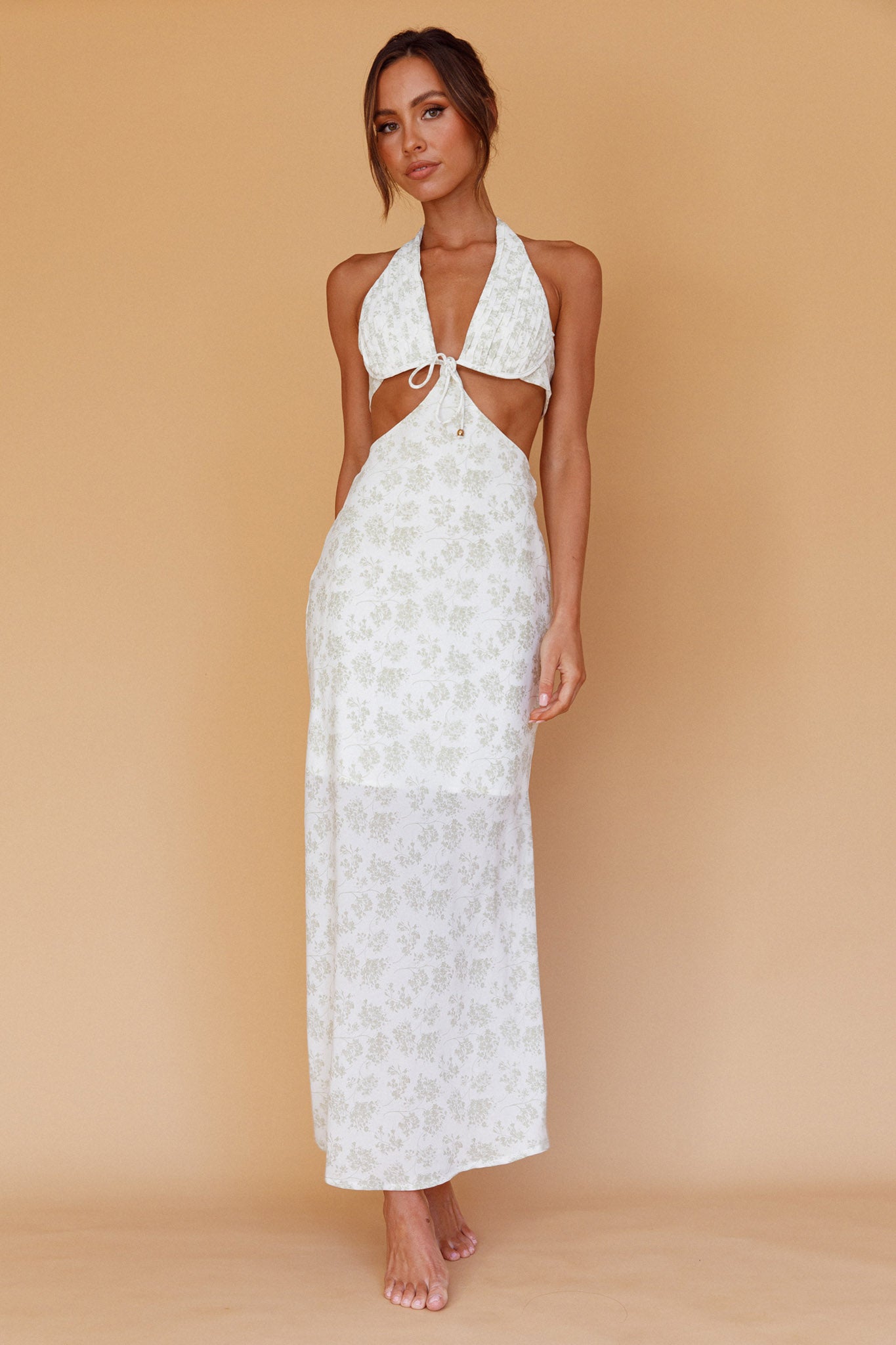 Paradise Found Cut-Out Midi Dress Floral Sage-Maymioy