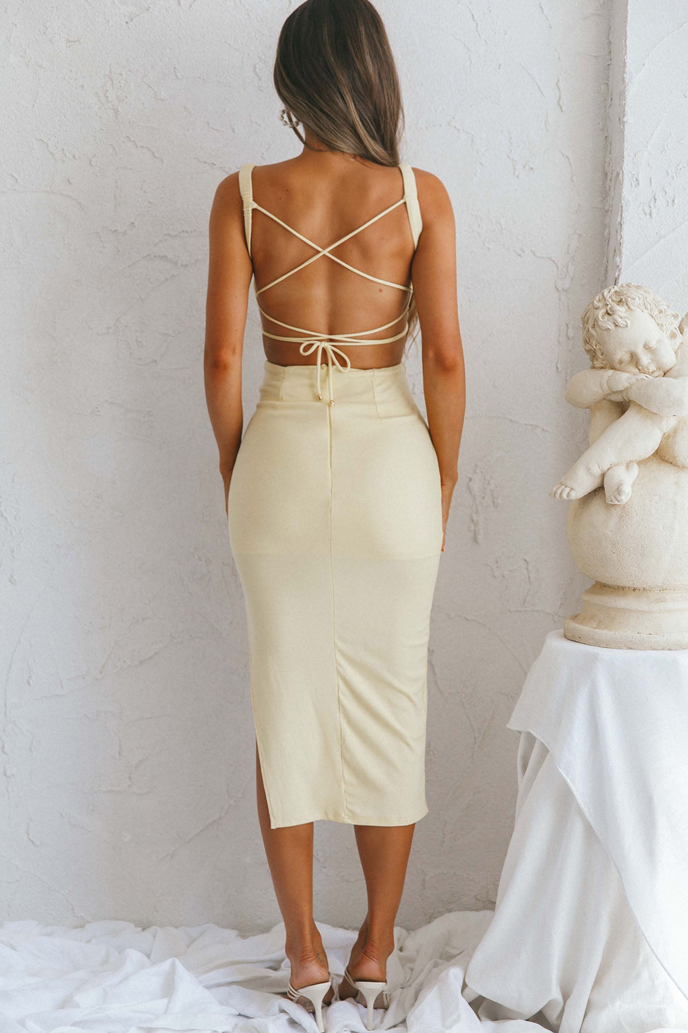 Dream Crush Lace-Up Back Side Split Midi Dress Lemon-Maymioy