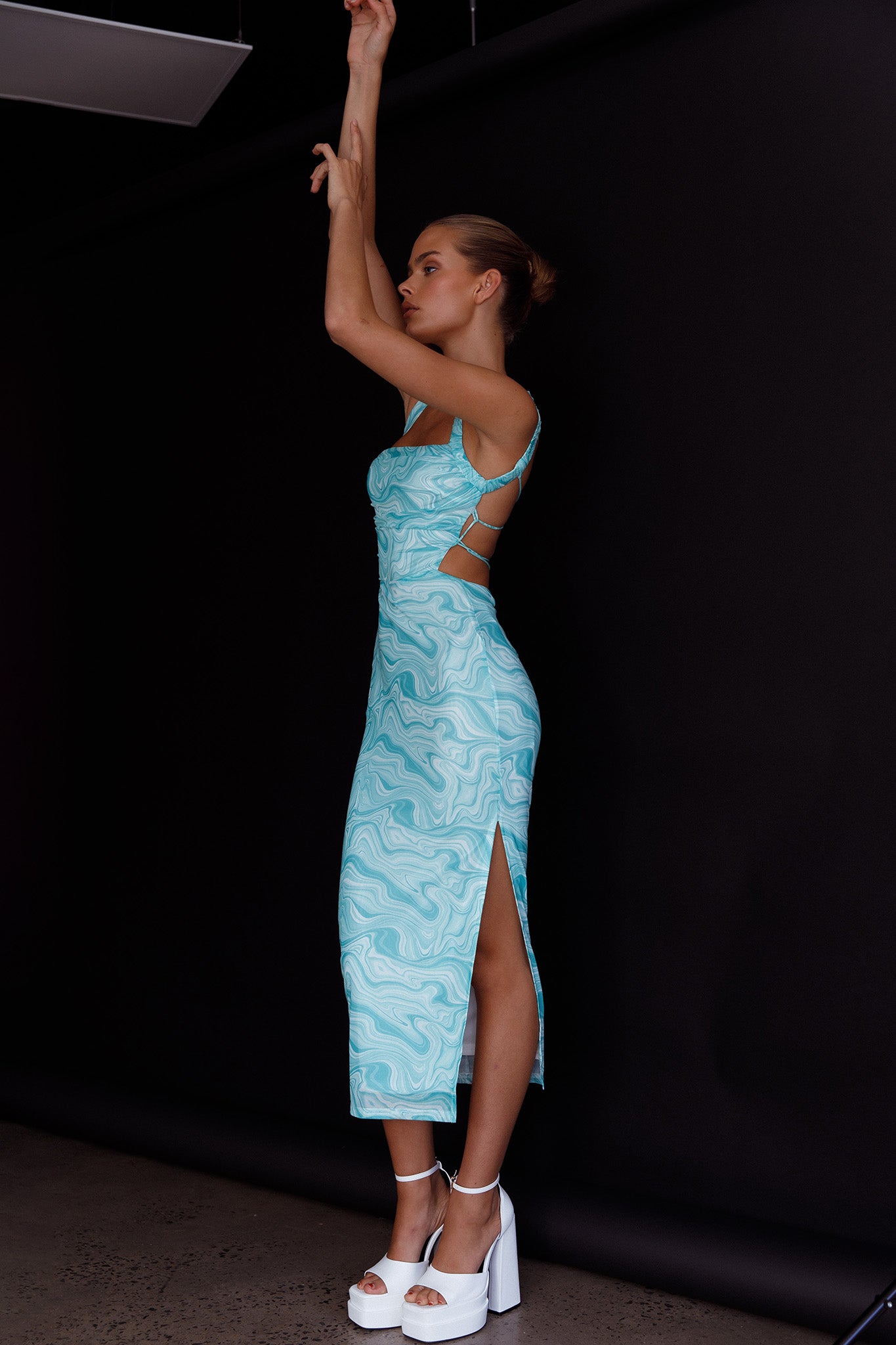 Dream Crush Lace-Up Back Side Split Midi Dress Marbled Green-Maymioy