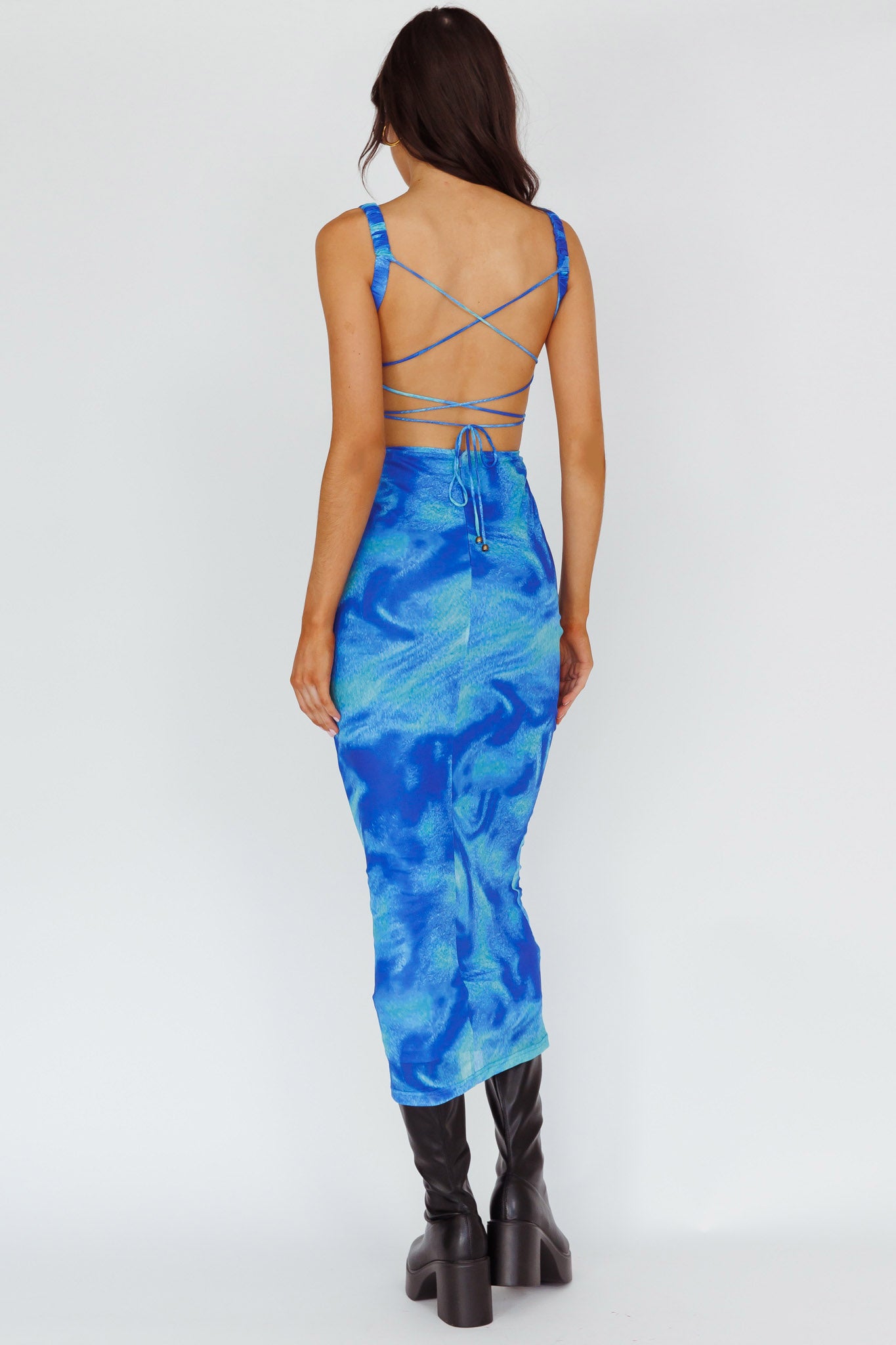 Dream Crush Lace-Up Back Side Split Maxi Dress Swirl Blue-Maymioy