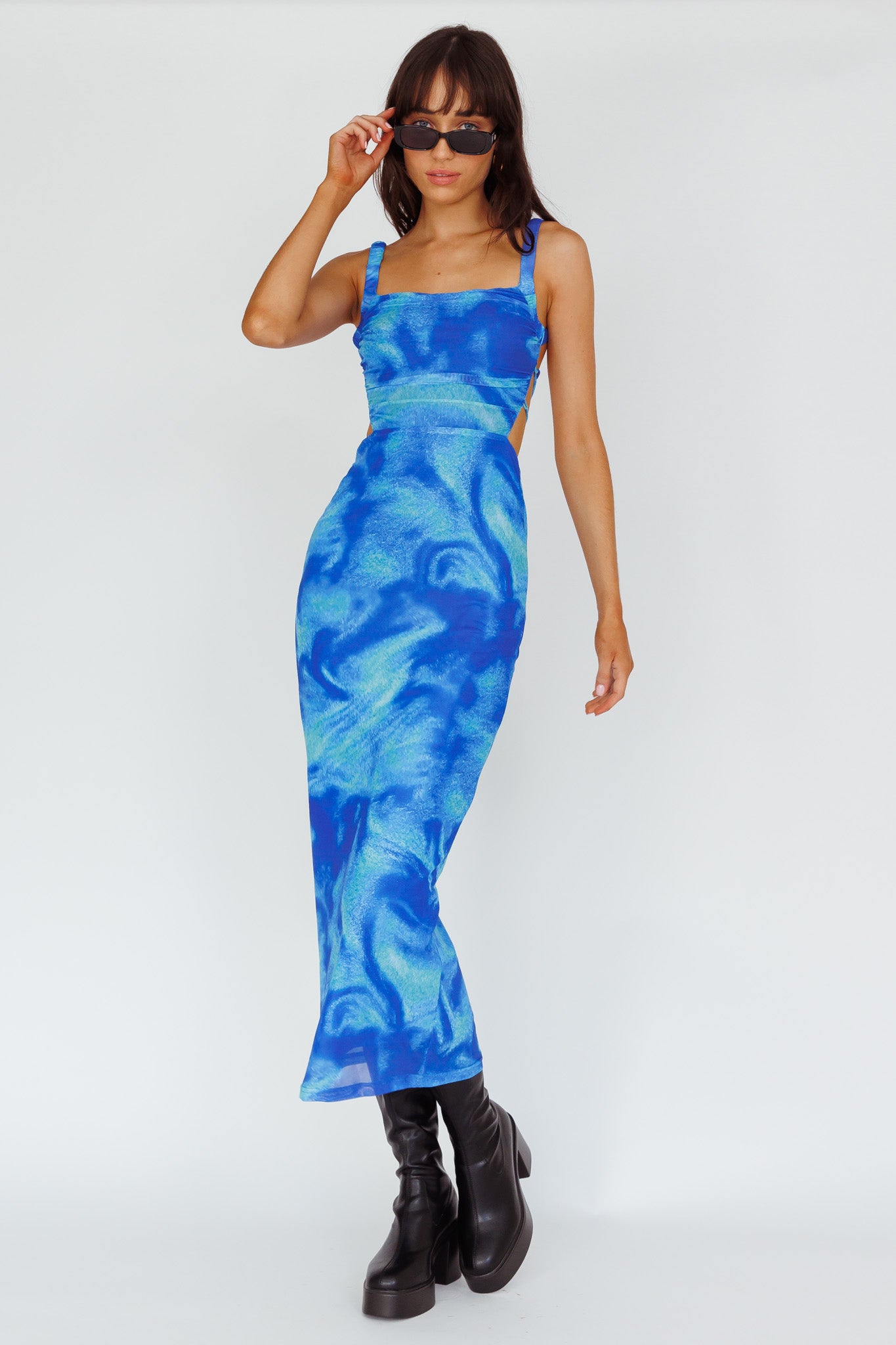 Dream Crush Lace-Up Back Side Split Maxi Dress Swirl Blue-Maymioy