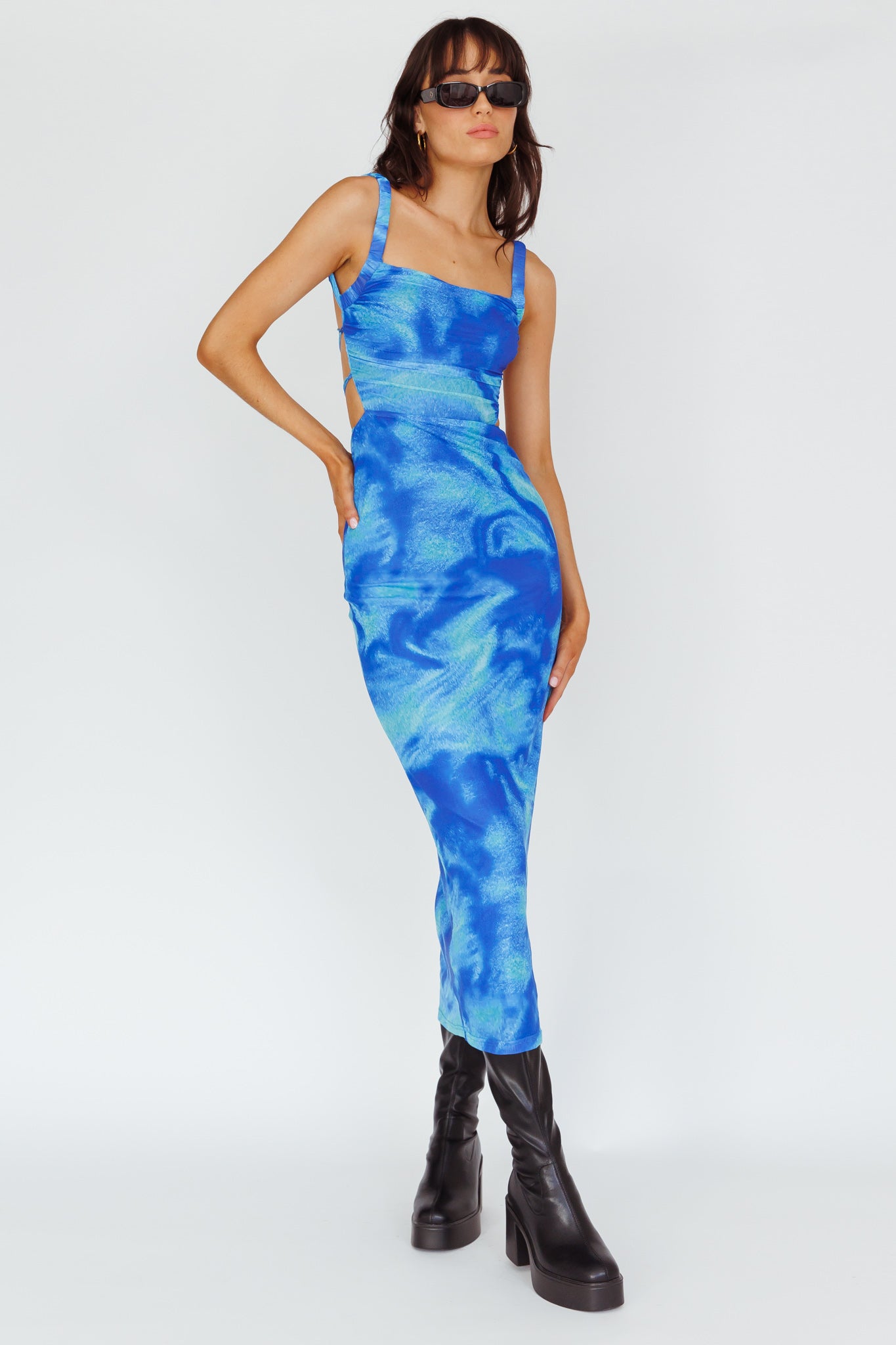 Dream Crush Lace-Up Back Side Split Maxi Dress Swirl Blue-Maymioy