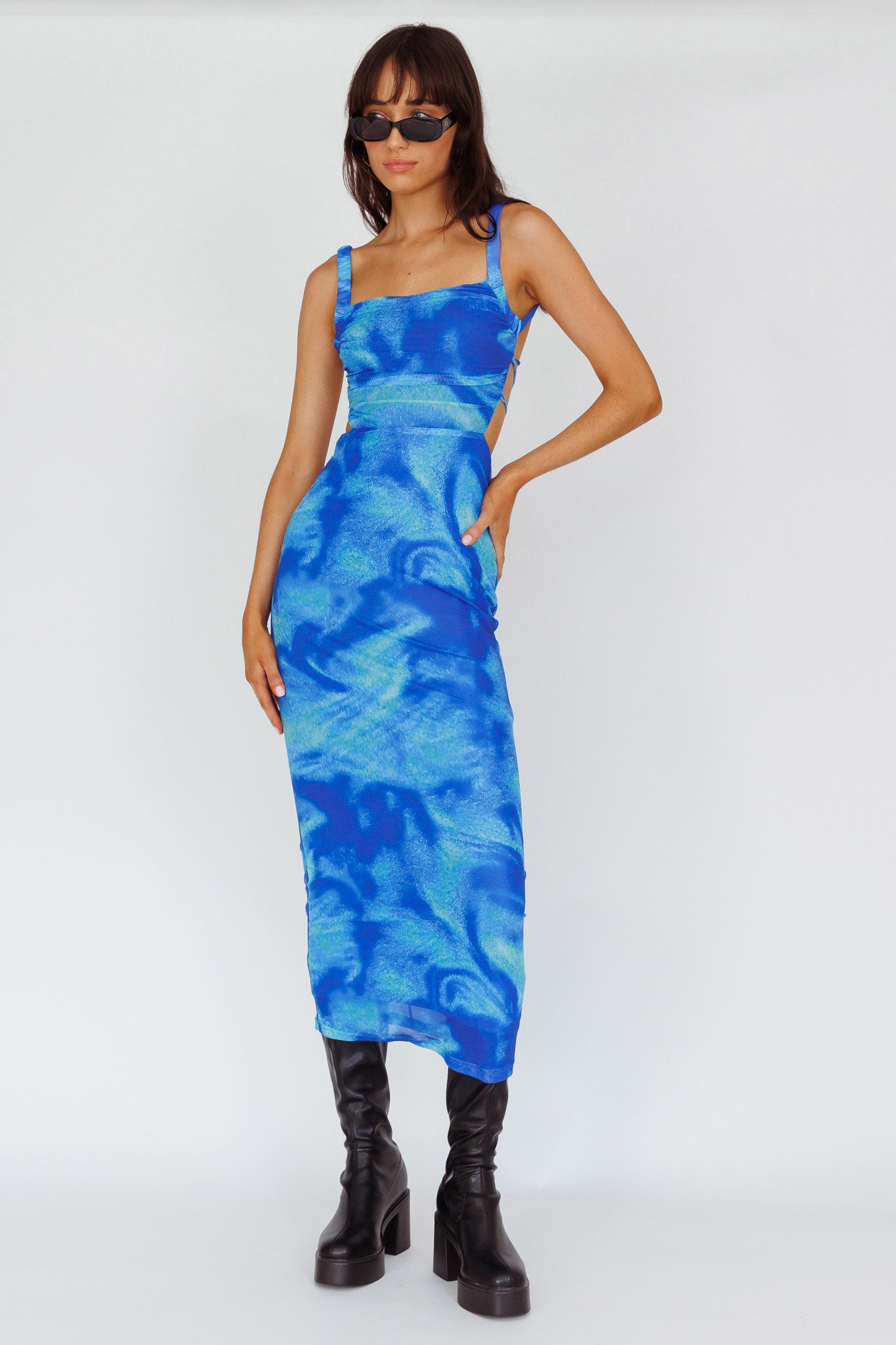 Dream Crush Lace-Up Back Side Split Maxi Dress Swirl Blue-Maymioy