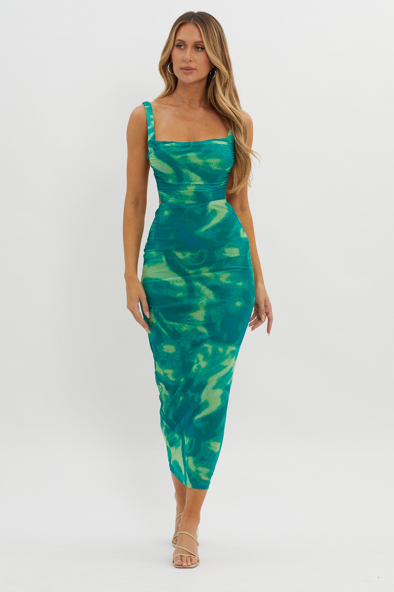 Dream Crush Lace-Up Back Side Split Maxi Dress Swirl Green-Maymioy