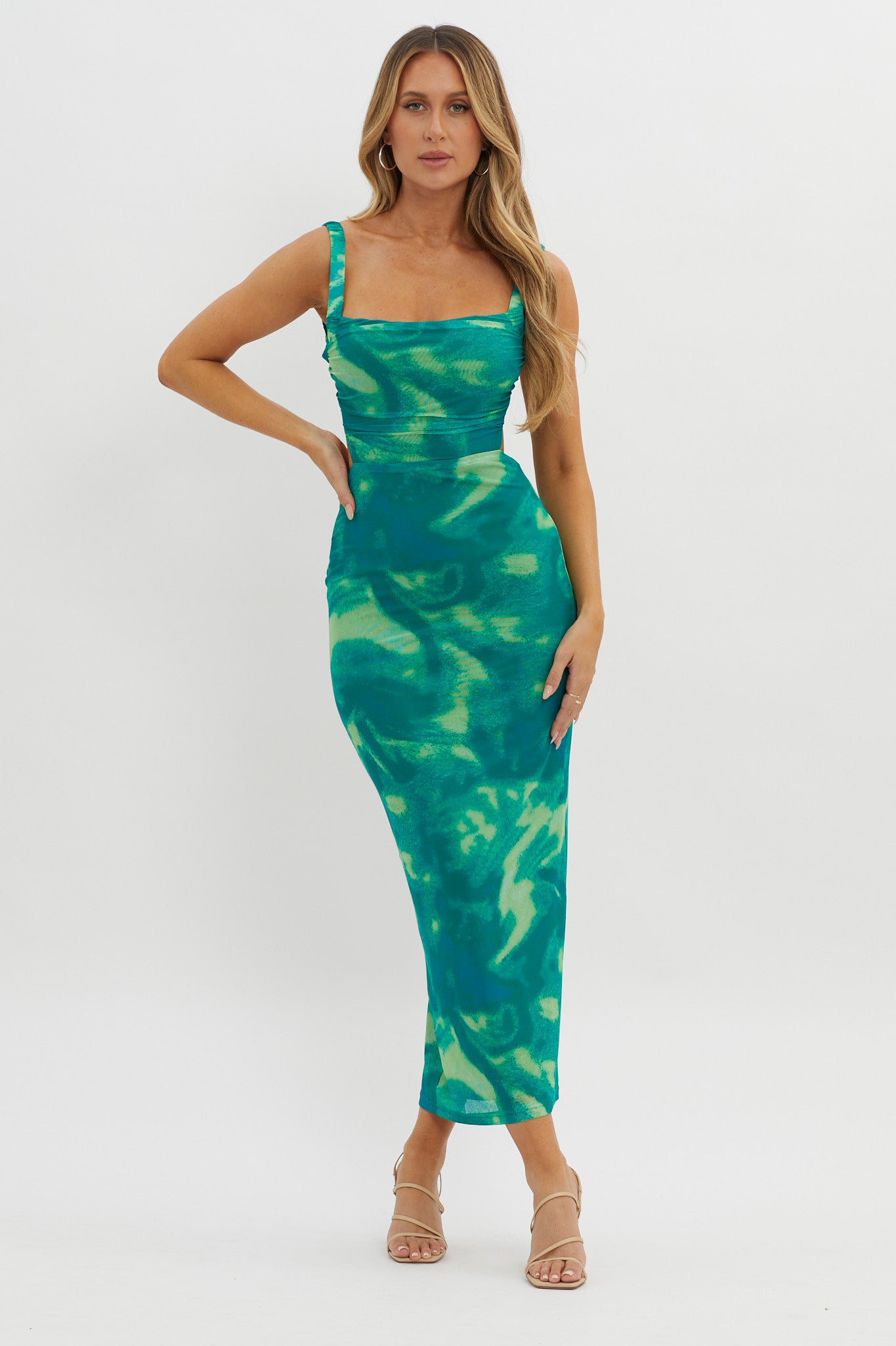 Dream Crush Lace-Up Back Side Split Maxi Dress Swirl Green-Maymioy