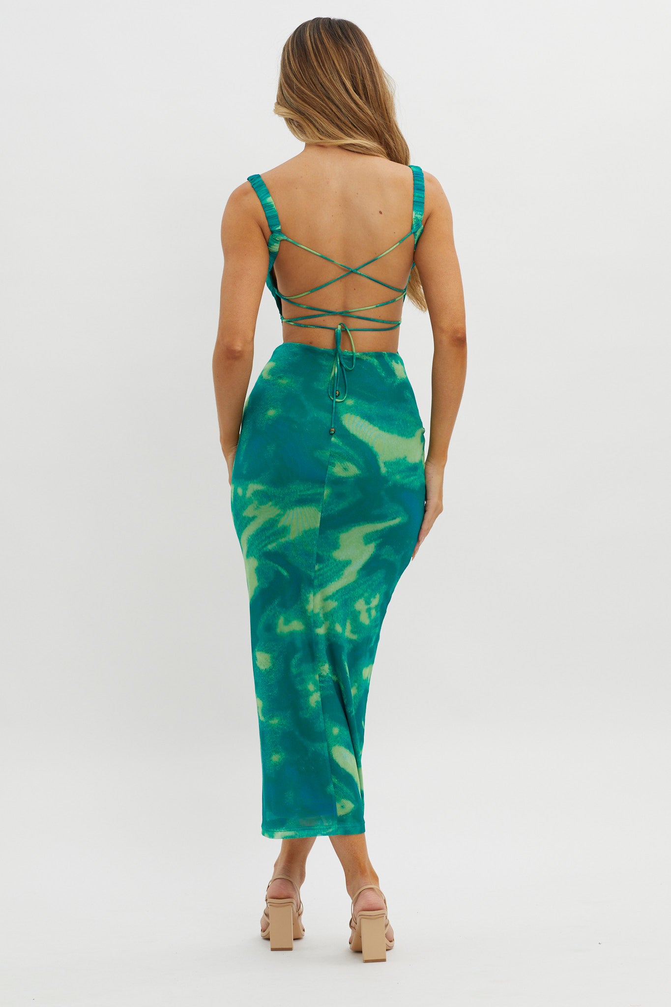 Dream Crush Lace-Up Back Side Split Maxi Dress Swirl Green-Maymioy