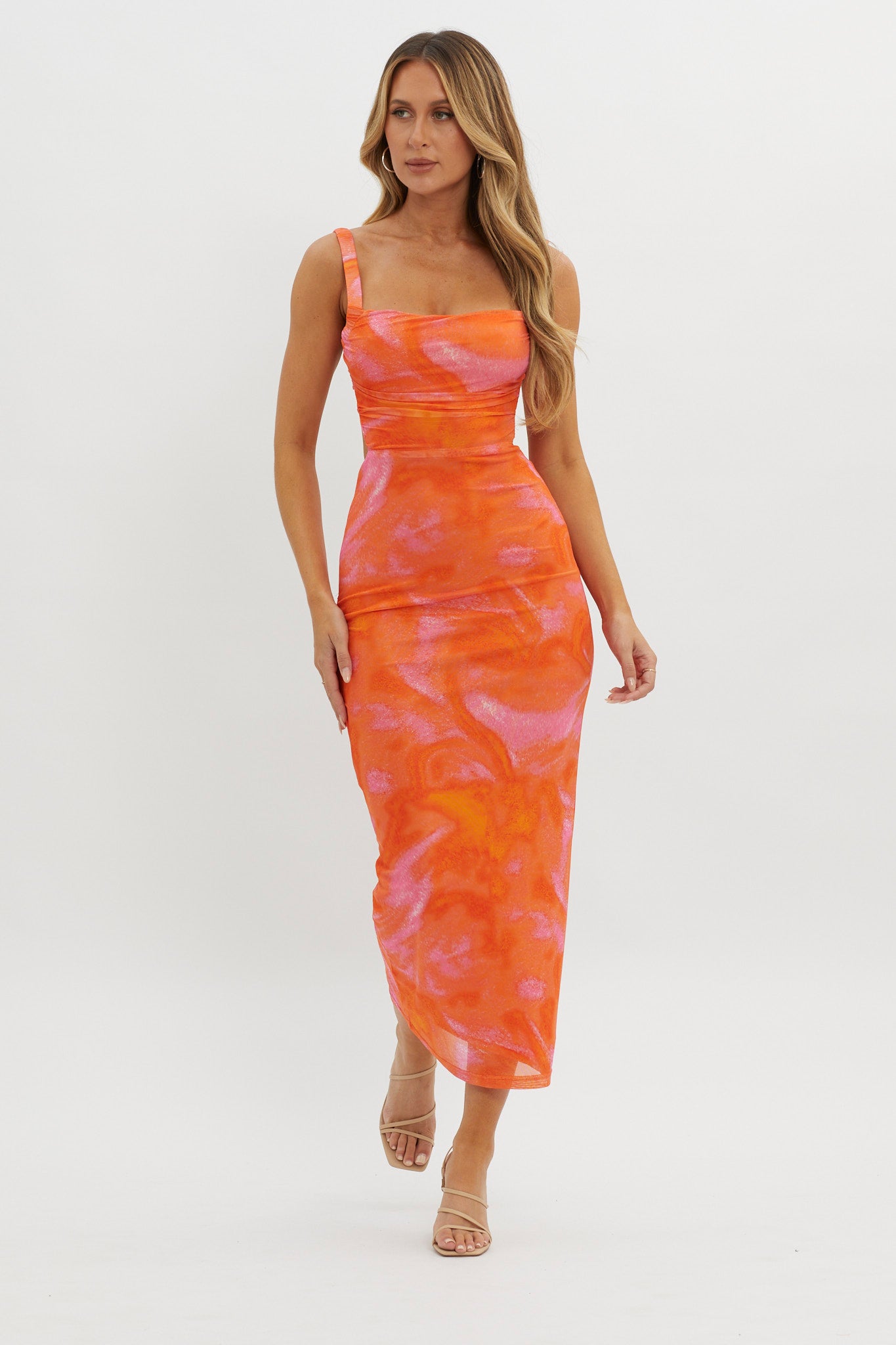 Dream Crush Lace-Up Back Side Split Maxi Dress Swirl Orange-Maymioy