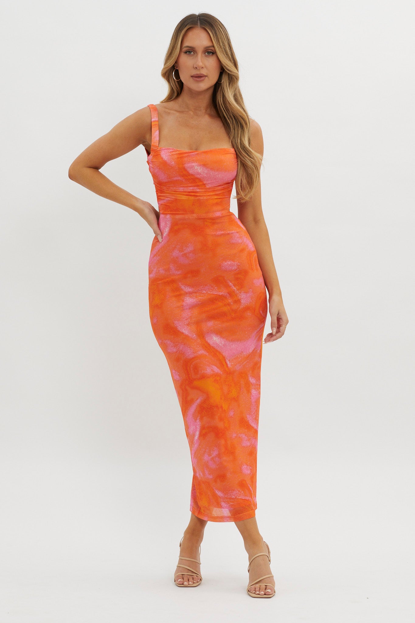 Dream Crush Lace-Up Back Side Split Maxi Dress Swirl Orange-Maymioy