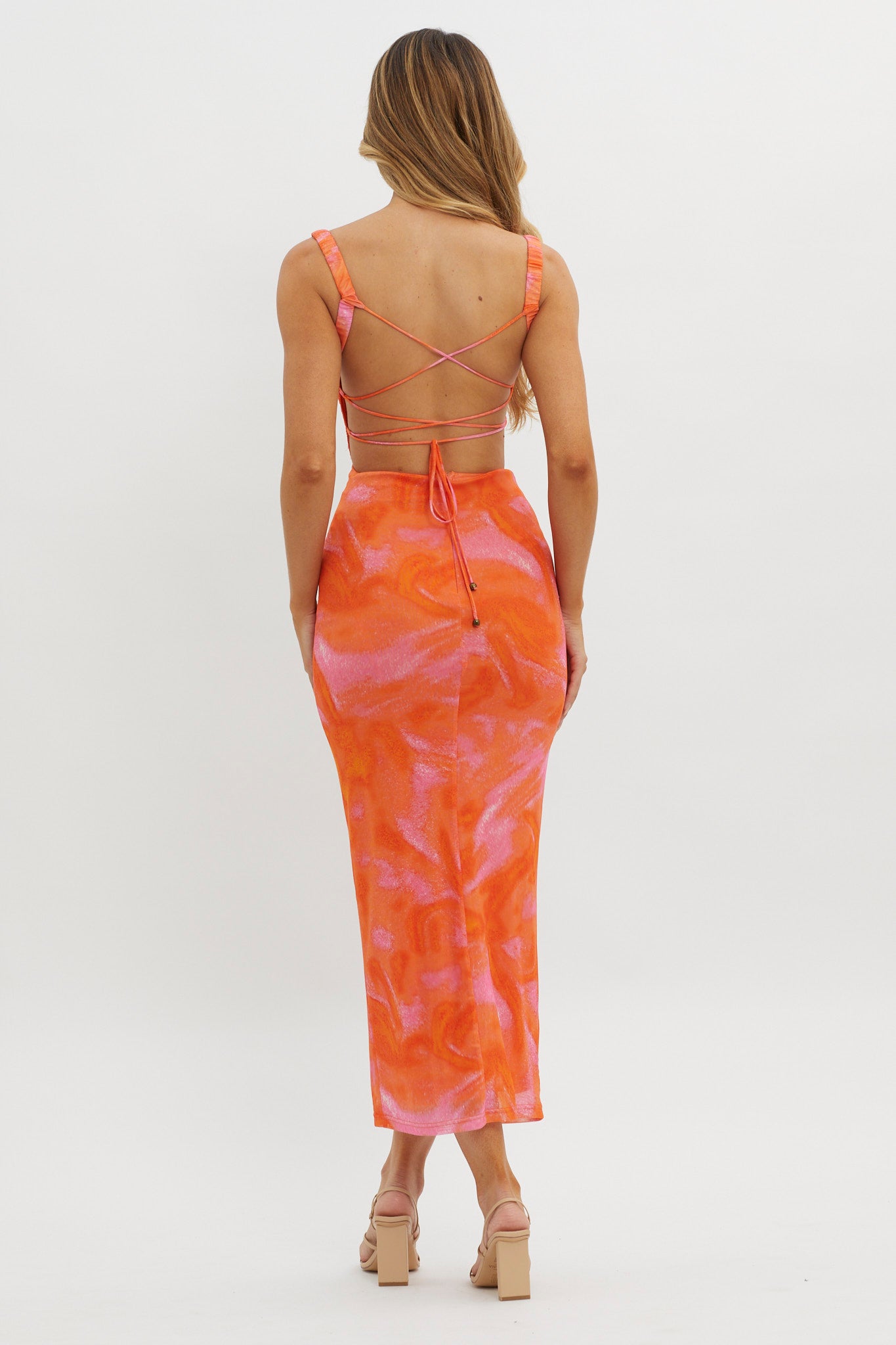 Dream Crush Lace-Up Back Side Split Maxi Dress Swirl Orange-Maymioy
