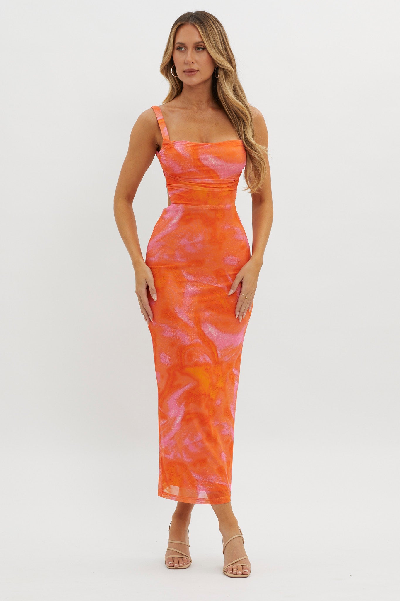 Dream Crush Lace-Up Back Side Split Maxi Dress Swirl Orange-Maymioy