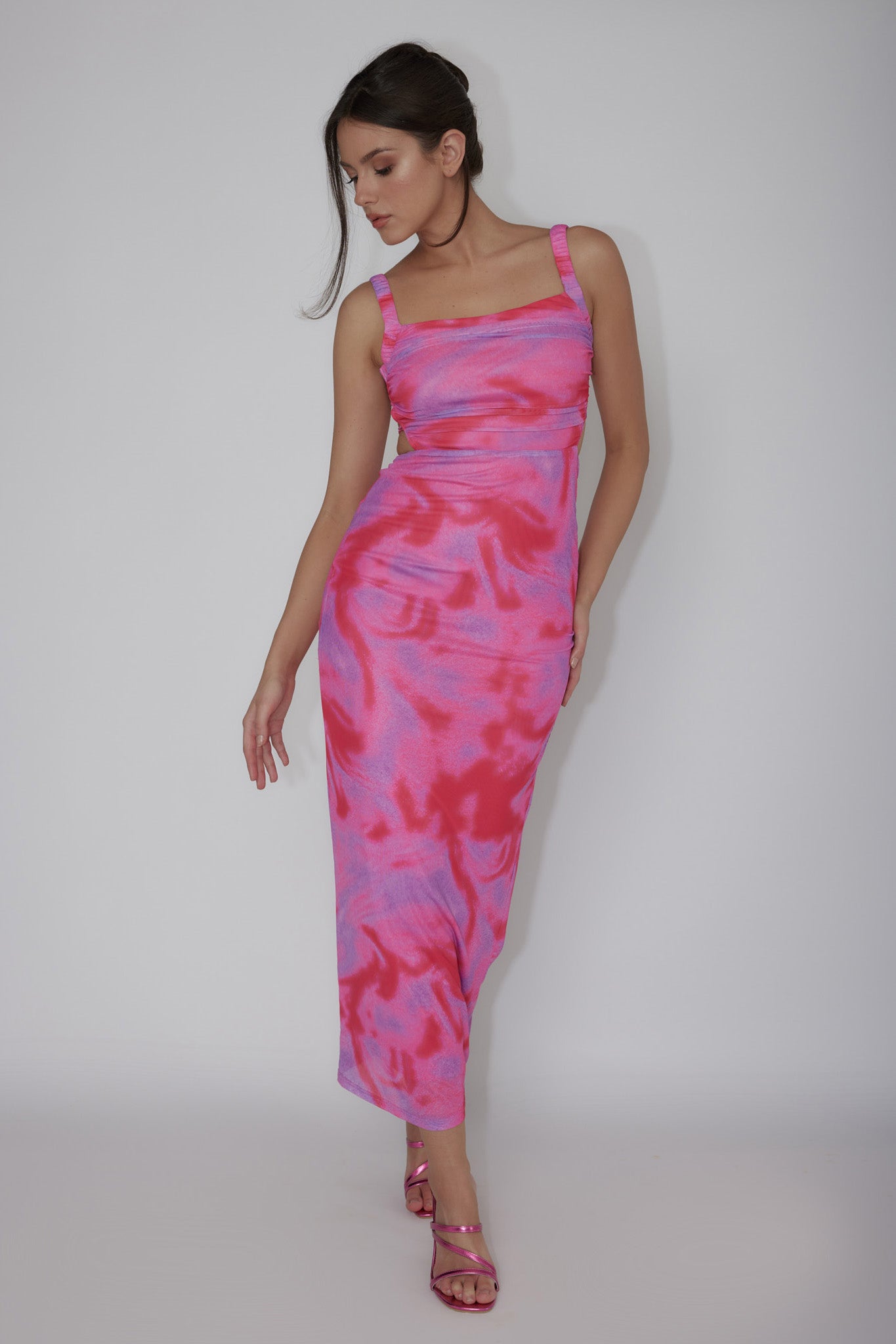 Dream Crush Lace-Up Back Side Split Maxi Dress Swirl Pink-Maymioy