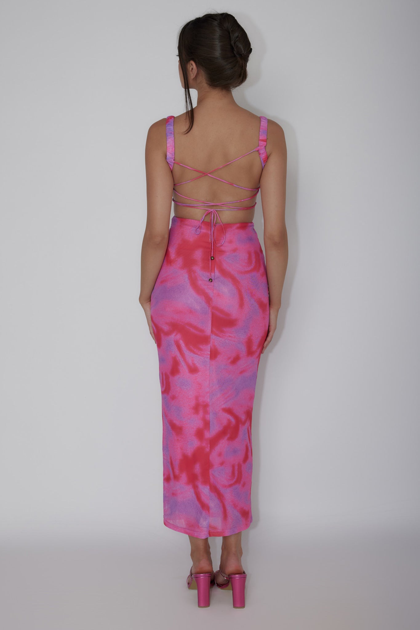 Dream Crush Lace-Up Back Side Split Maxi Dress Swirl Pink-Maymioy