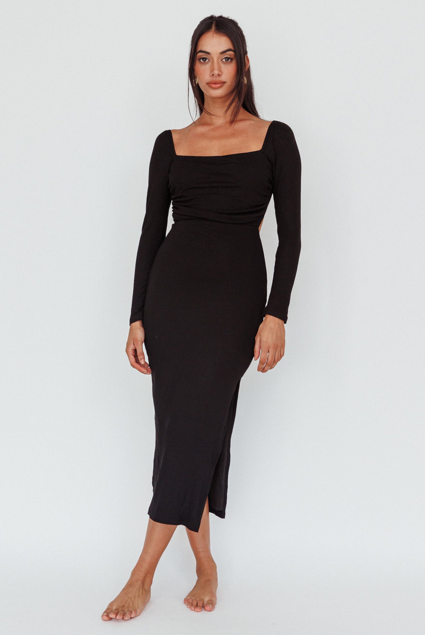 Dream Crush Long Sleeve Lace-Up Midi Dress Black-Maymioy