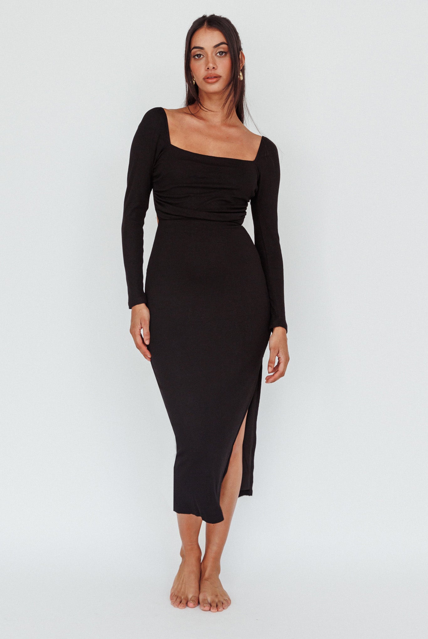 Dream Crush Long Sleeve Lace-Up Midi Dress Black-Maymioy