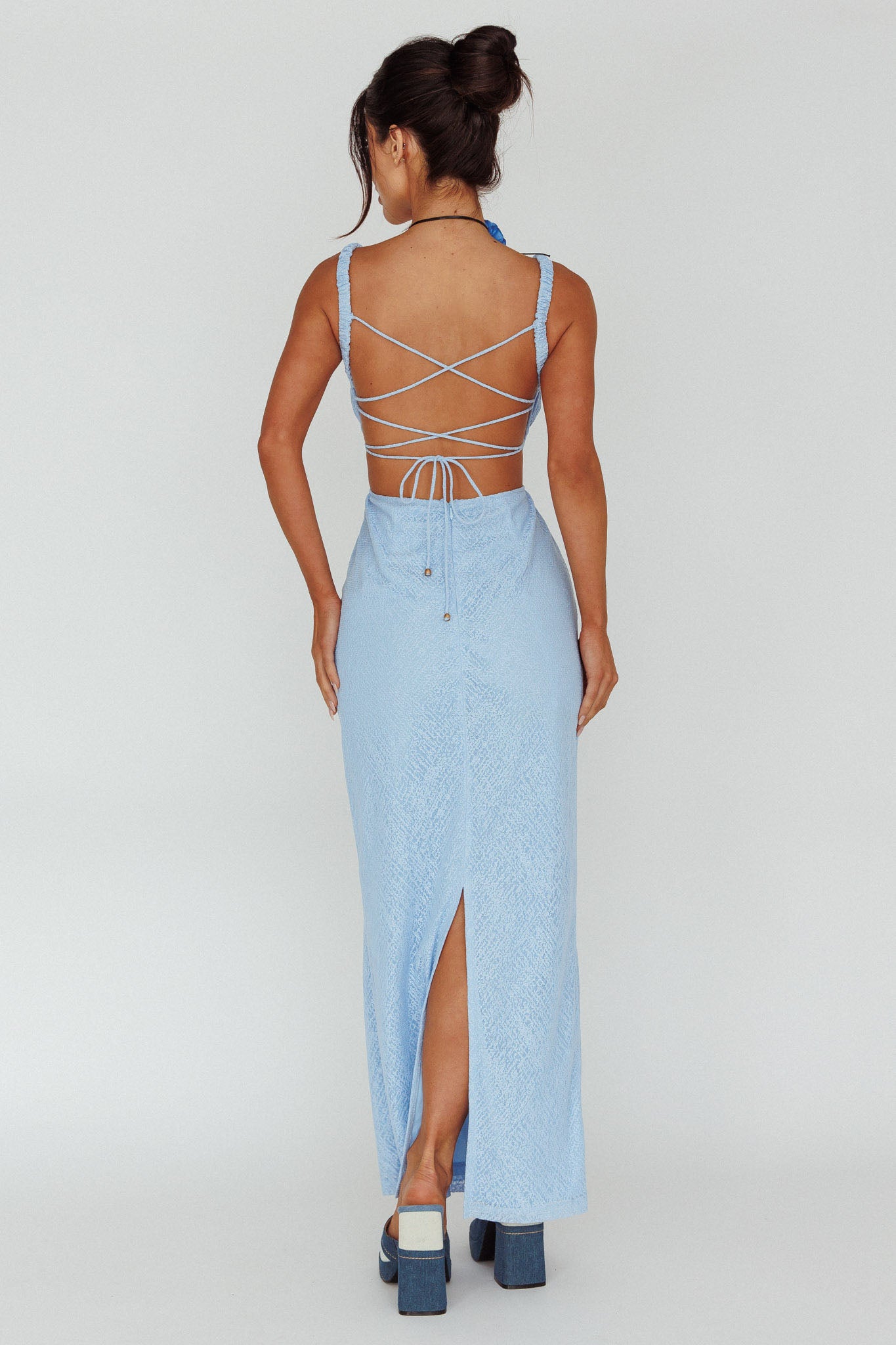 Dream Crush Lace-Up Back Mesh Overlay Midi Dress Blue-Maymioy
