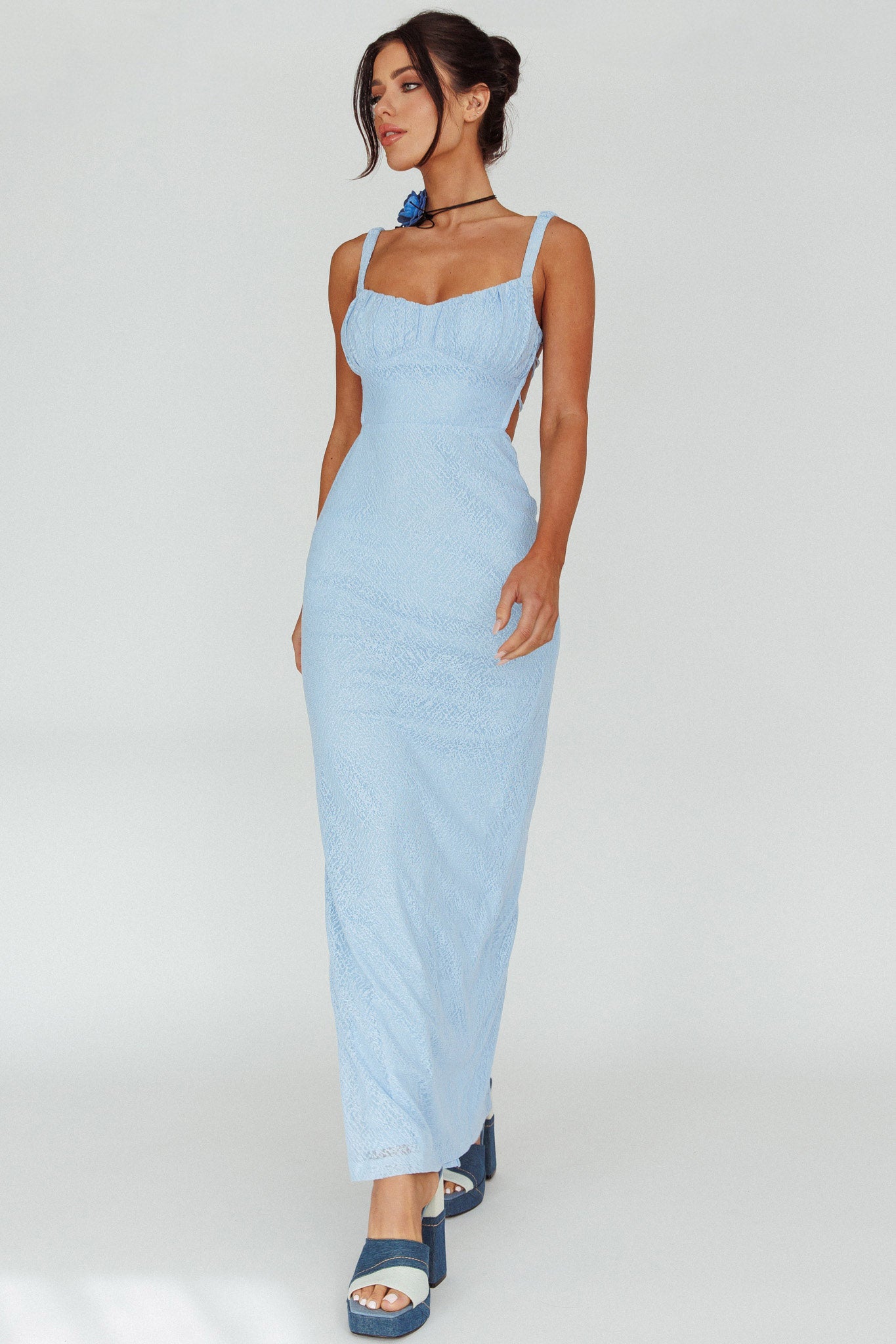 Dream Crush Lace-Up Back Mesh Overlay Midi Dress Blue-Maymioy