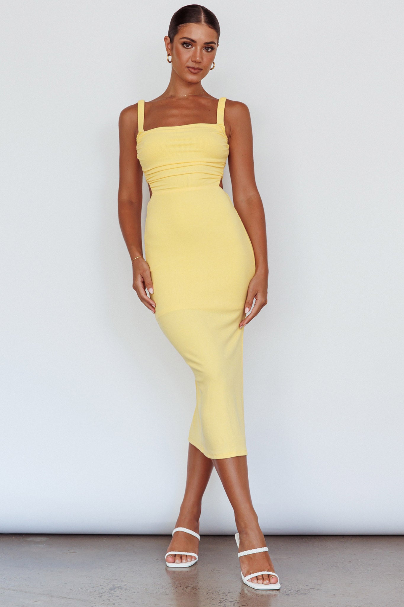 Dream Crush Lace-Up Back Side Split Midi Dress Lemon-Maymioy