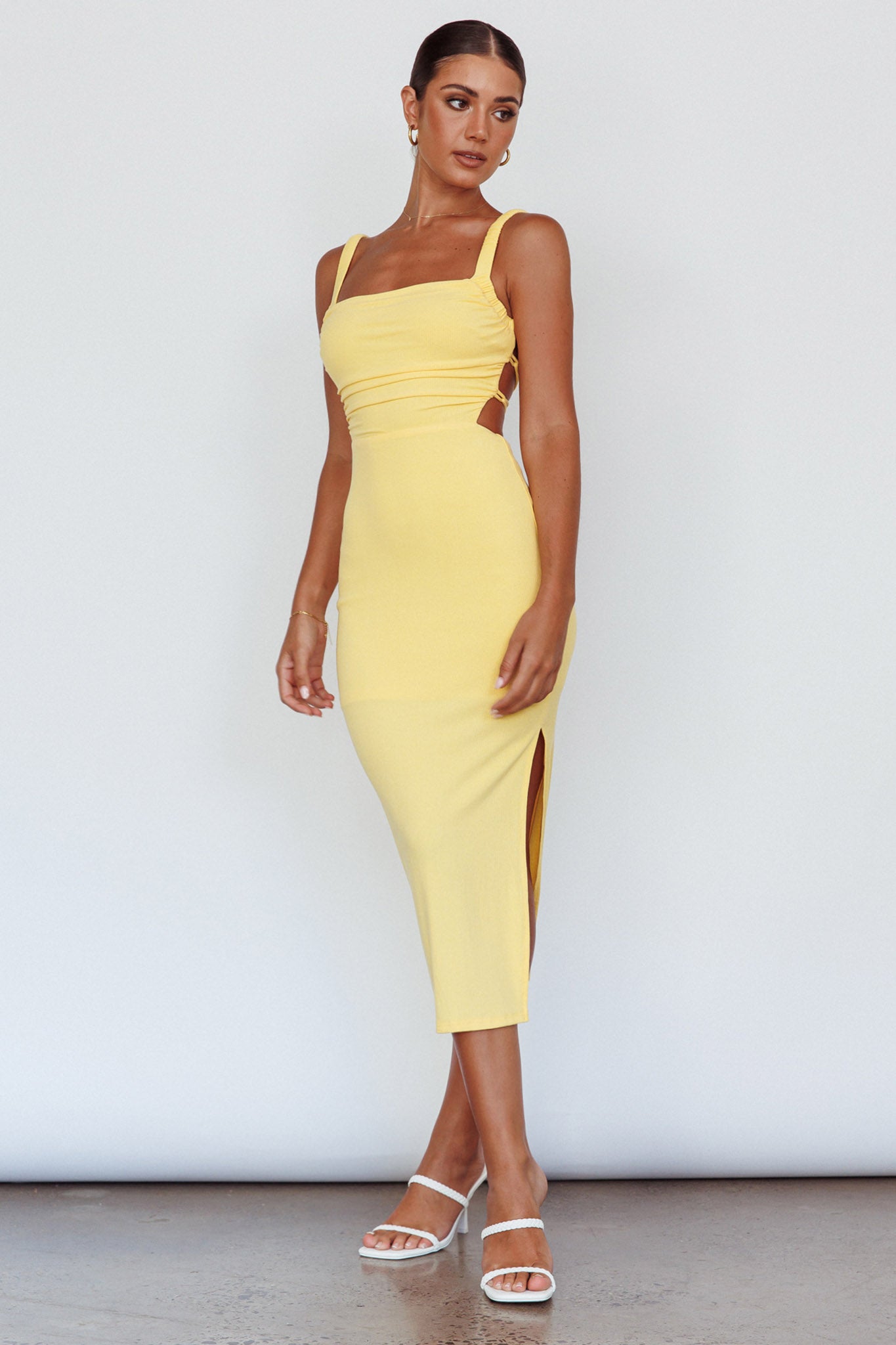 Dream Crush Lace-Up Back Side Split Midi Dress Lemon-Maymioy