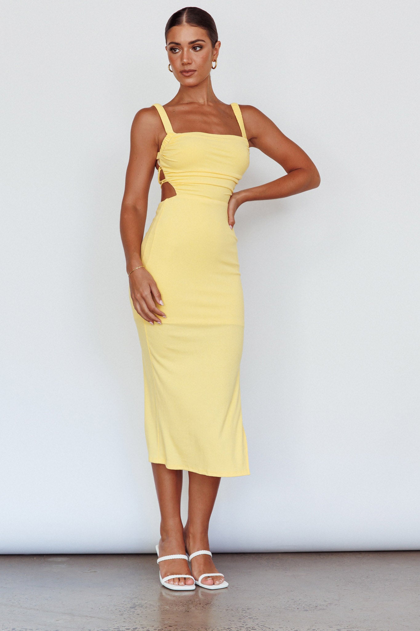 Dream Crush Lace-Up Back Side Split Midi Dress Lemon-Maymioy