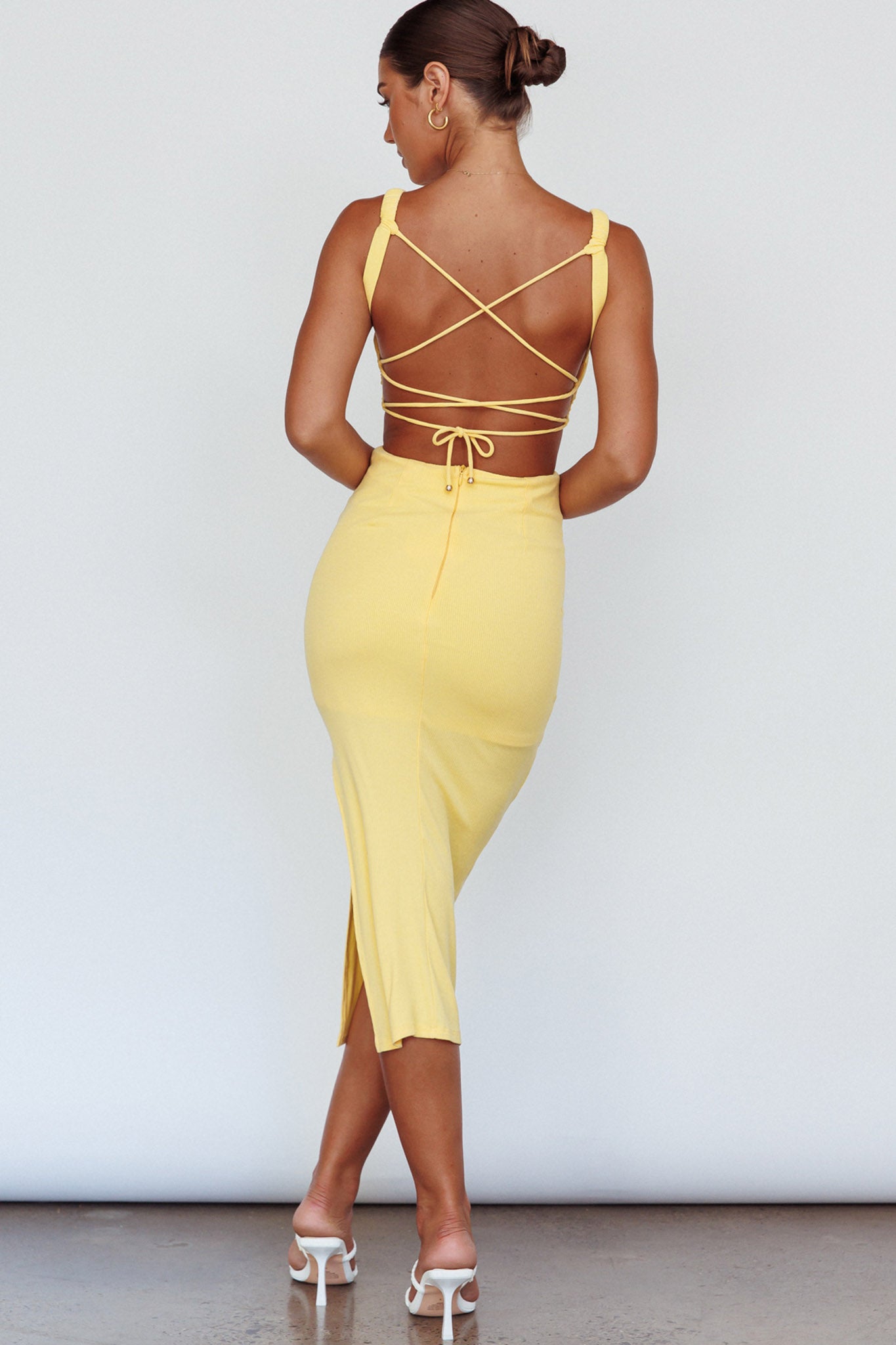 Dream Crush Lace-Up Back Side Split Midi Dress Lemon-Maymioy