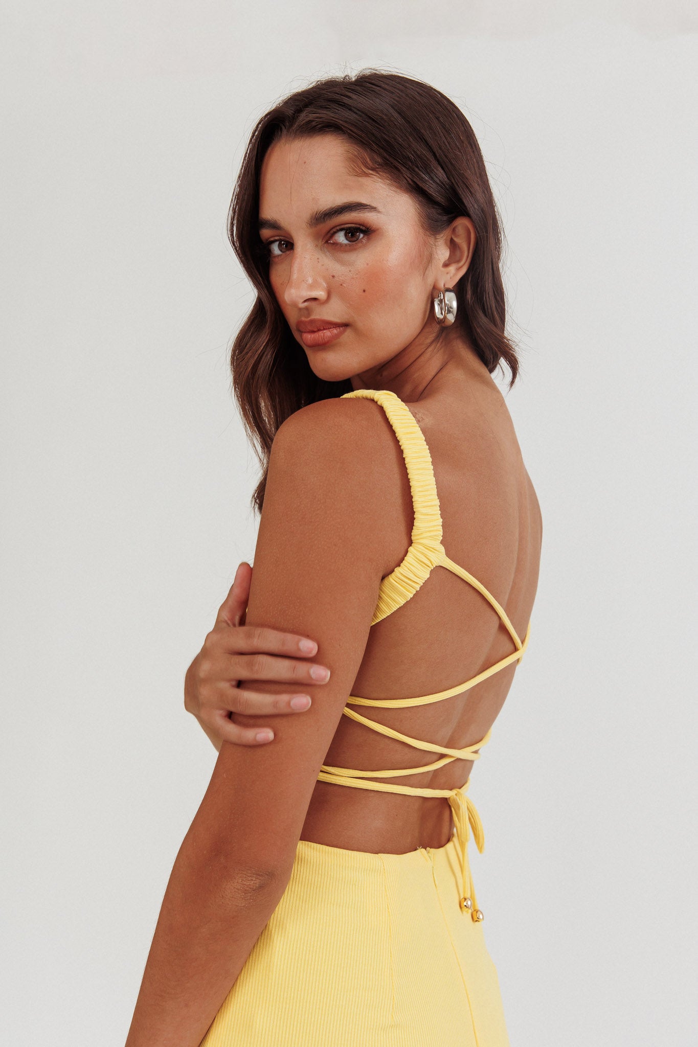 Dream Crush Lace-Up Back Side Split Midi Dress Lemon-Maymioy