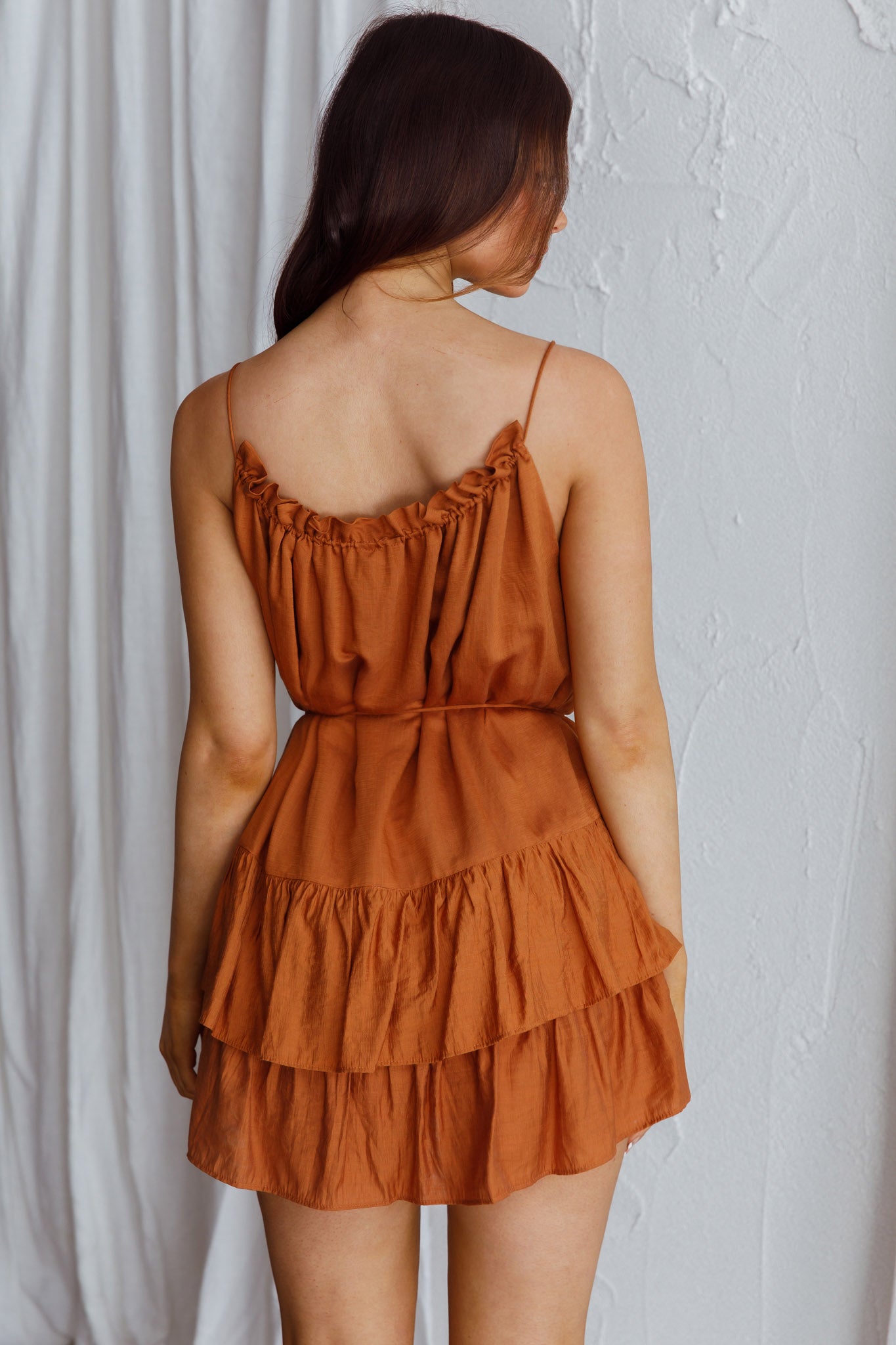 Madeira Drawstring Neckline Frill Mini Dress Tan-Maymioy