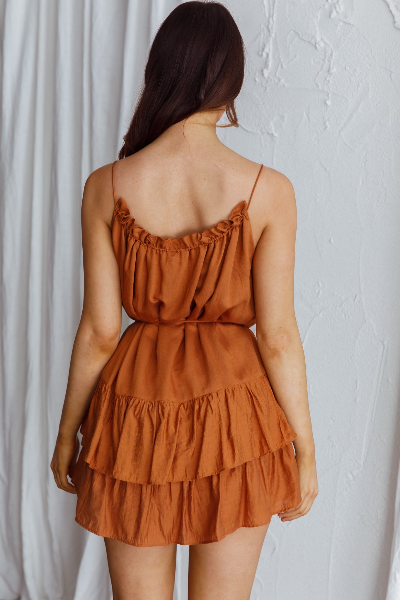 Madeira Drawstring Neckline Frill Mini Dress Tan-Maymioy