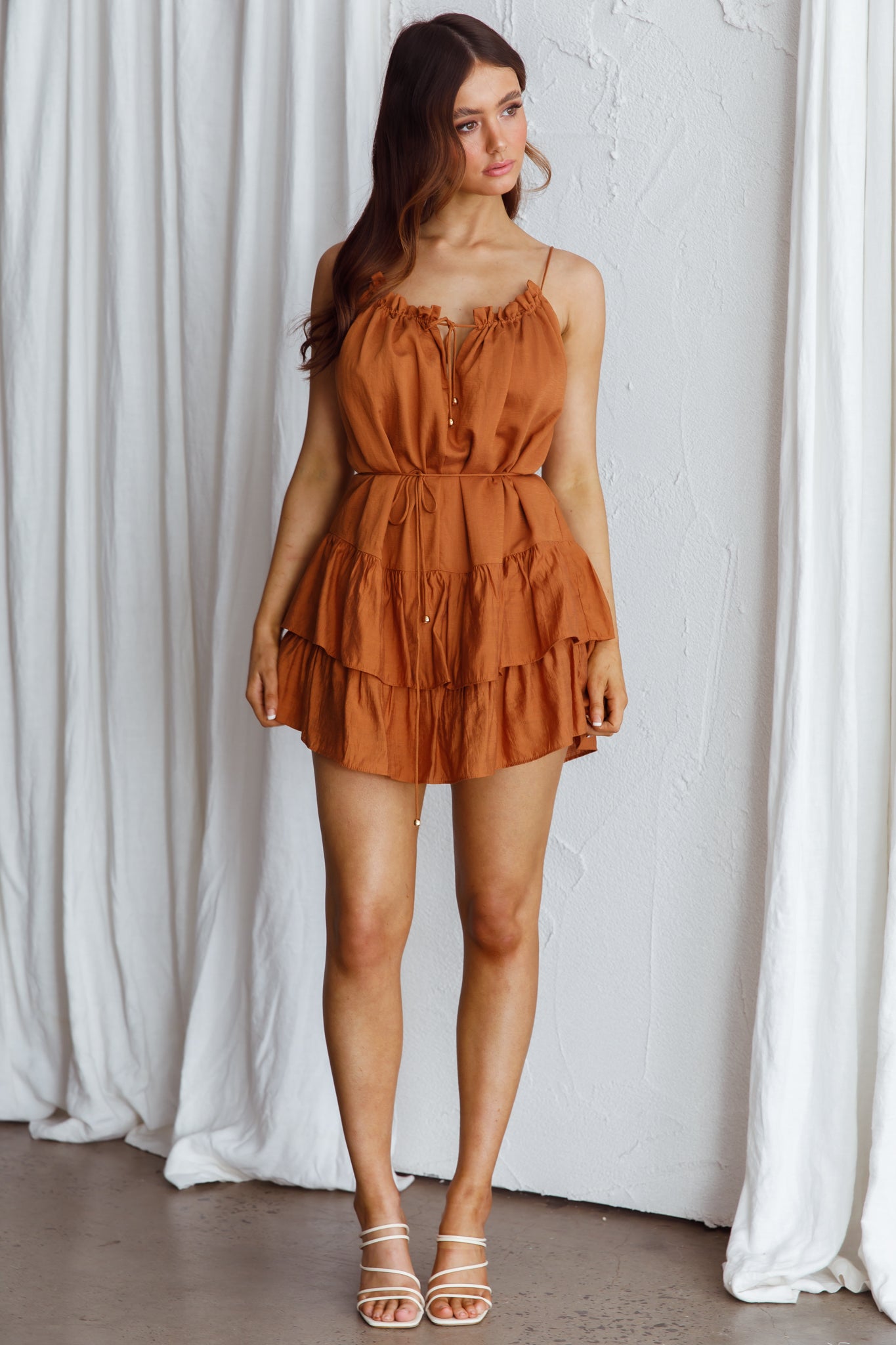 Madeira Drawstring Neckline Frill Mini Dress Tan-Maymioy