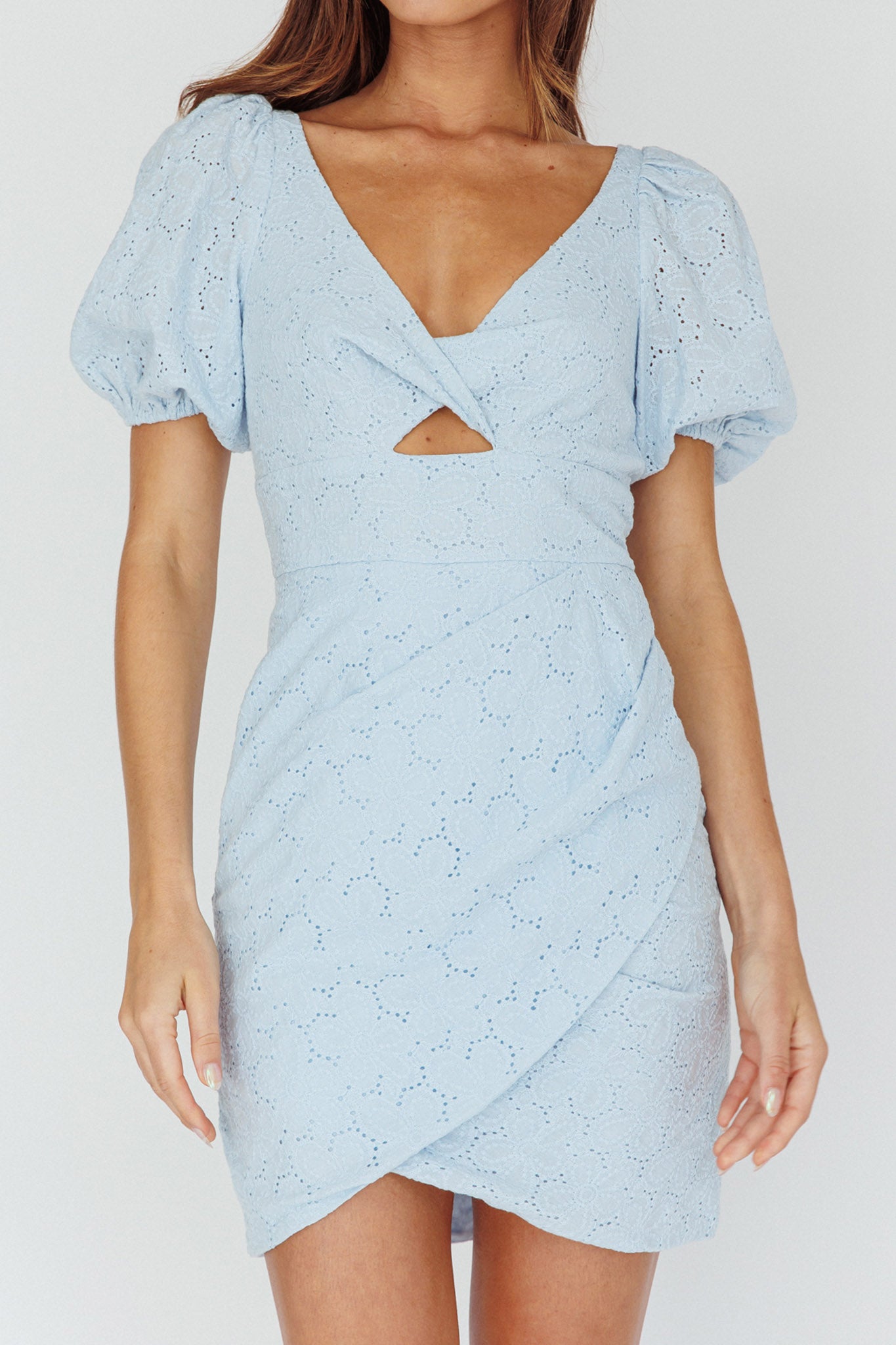 Santa Cruz Sun Puff Sleeve Eyelet Dress Blue-Maymioy
