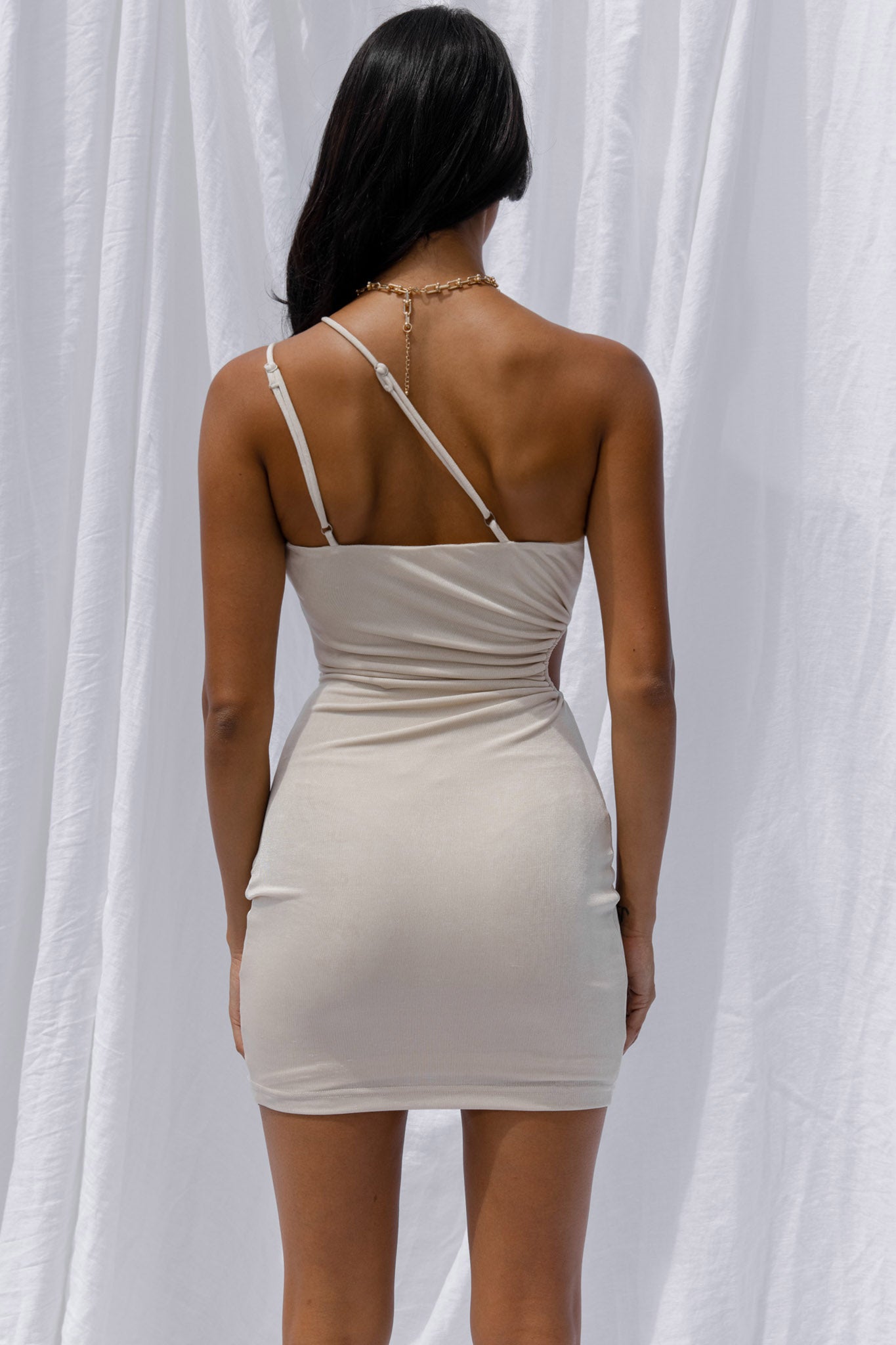 Dress Code One-Shoulder Keyhole Feature Mini Dress Oatmeal-Maymioy