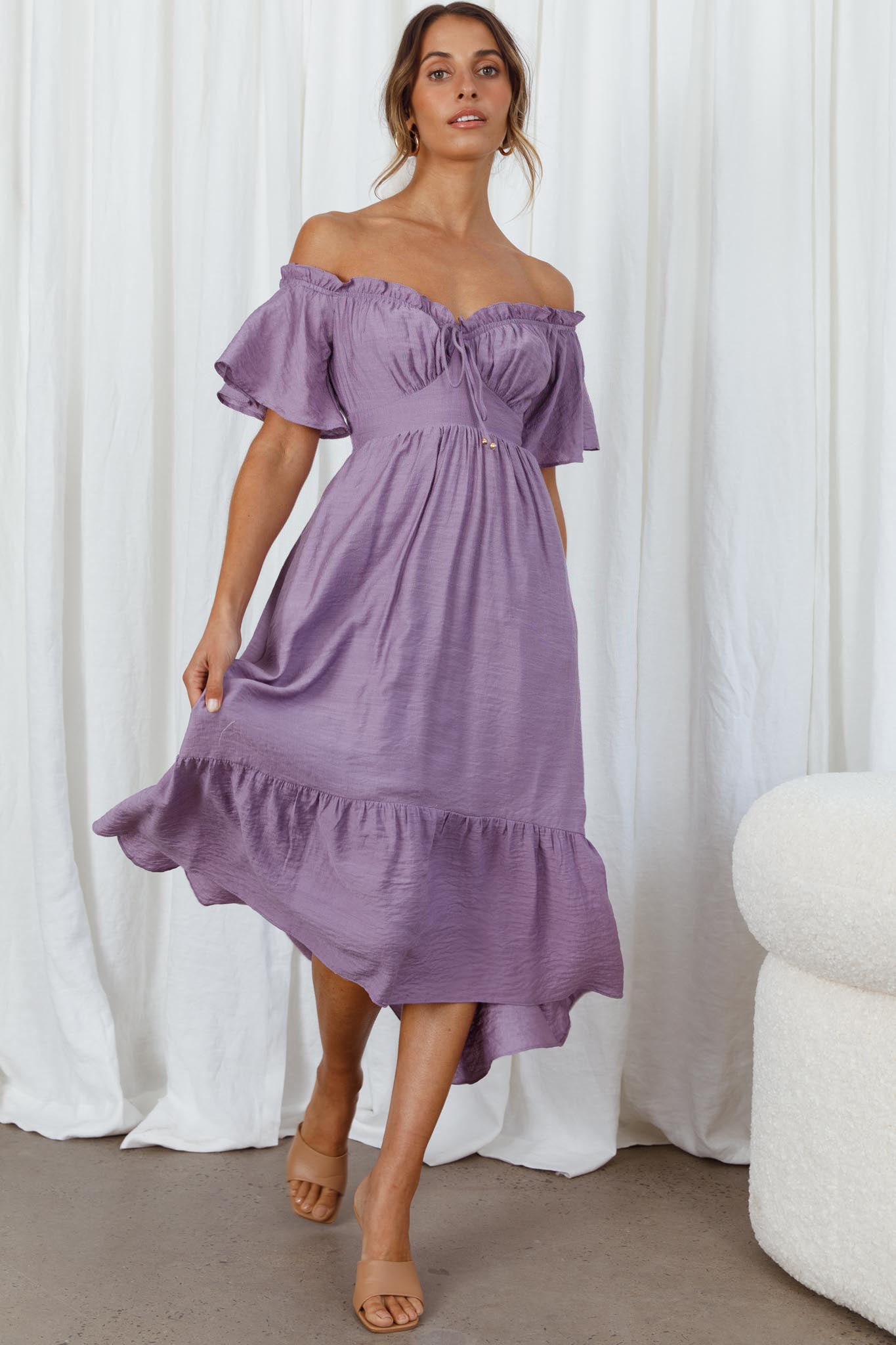 Dandelion Off-Shoulder Tied Back Midi Dress Purple-Maymioy