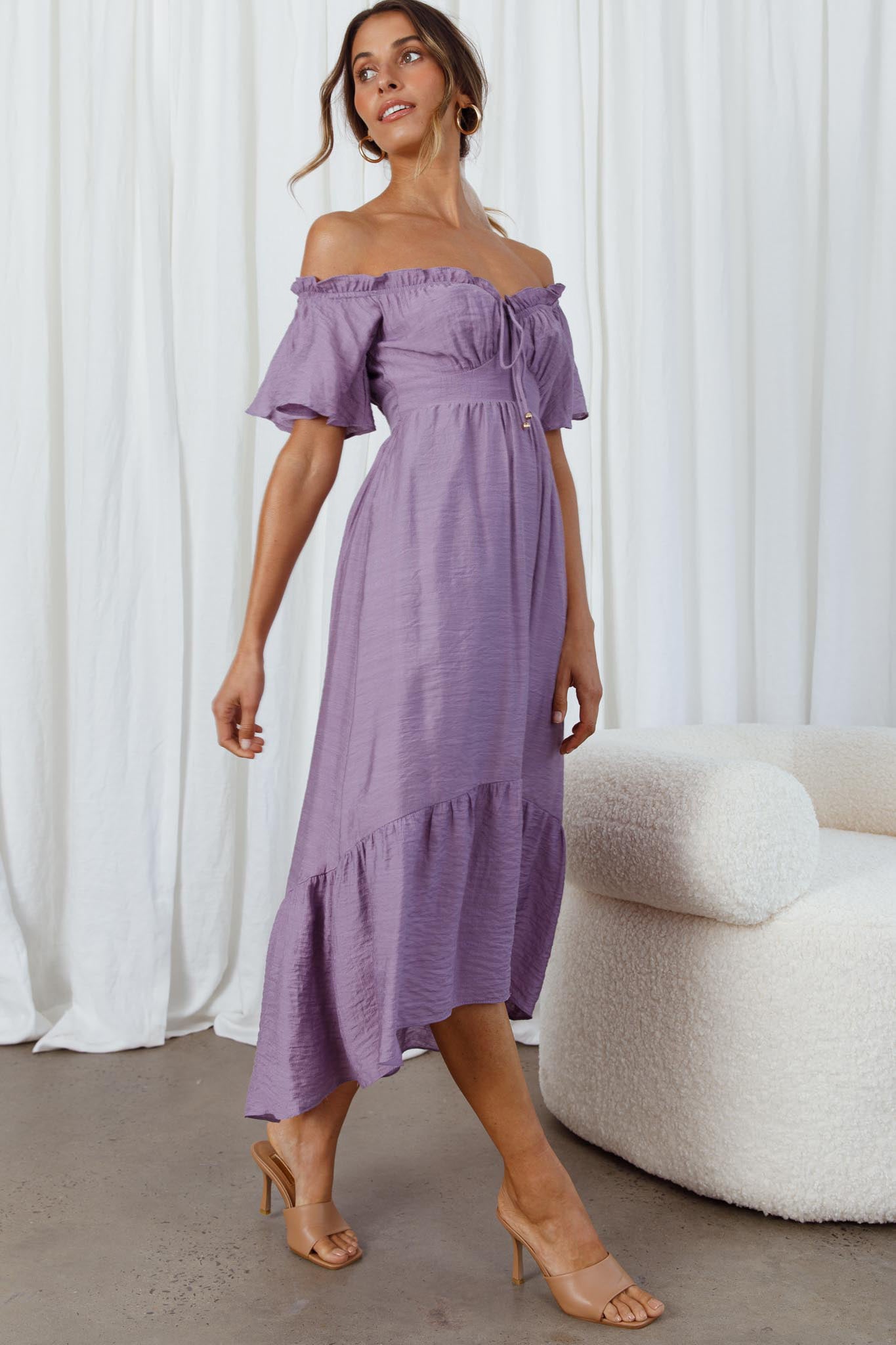 Dandelion Off-Shoulder Tied Back Midi Dress Purple-Maymioy