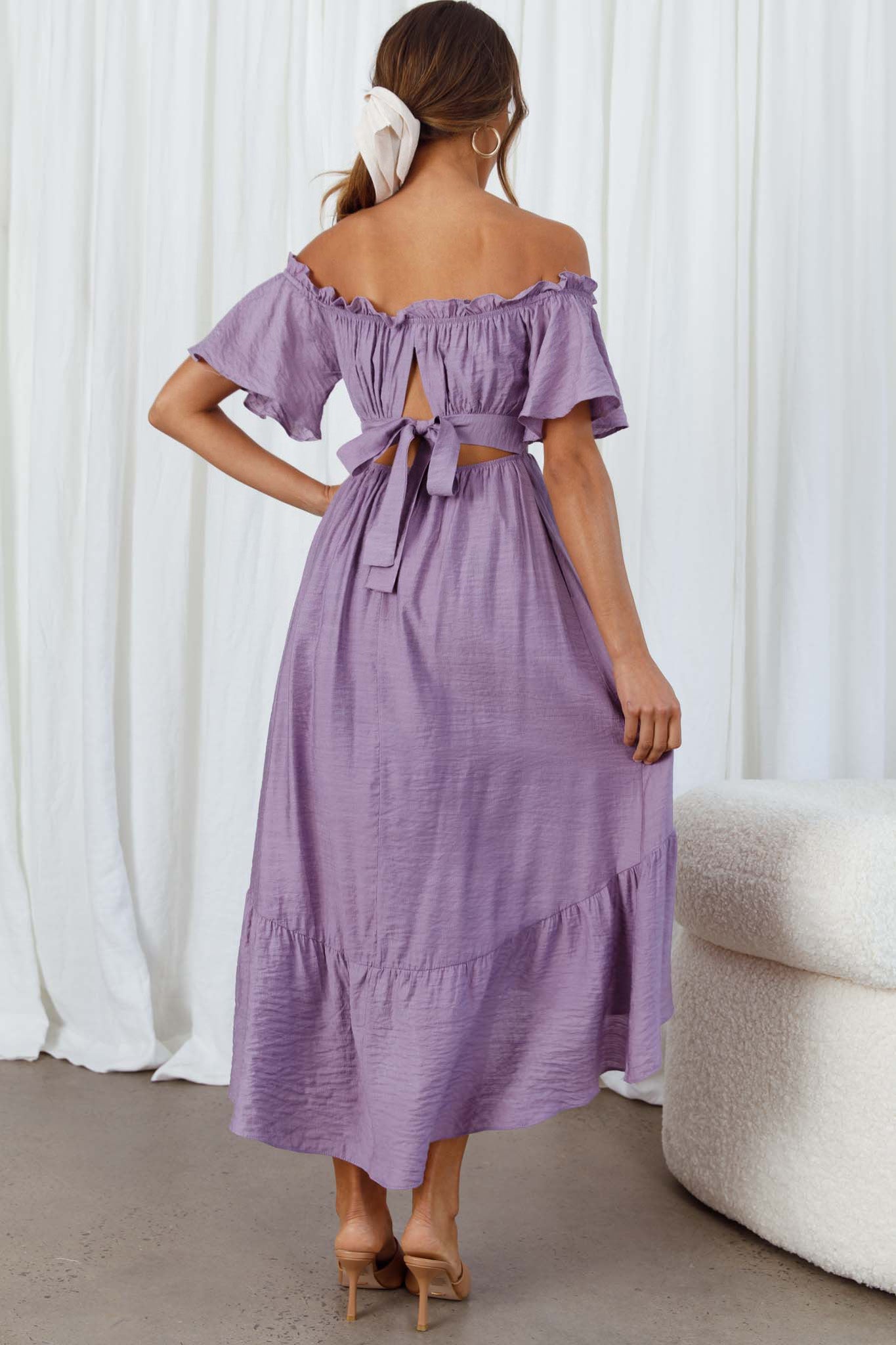 Dandelion Off-Shoulder Tied Back Midi Dress Purple-Maymioy