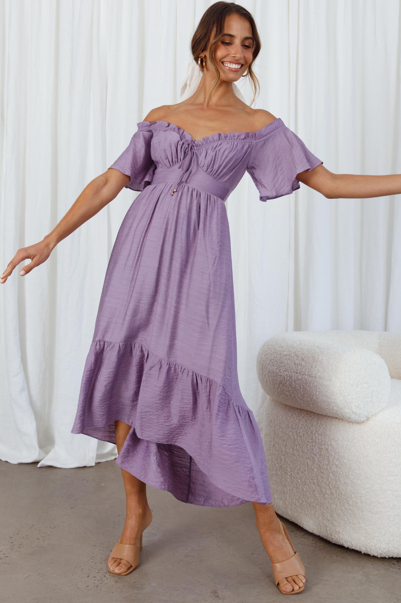 Dandelion Off-Shoulder Tied Back Midi Dress Purple-Maymioy