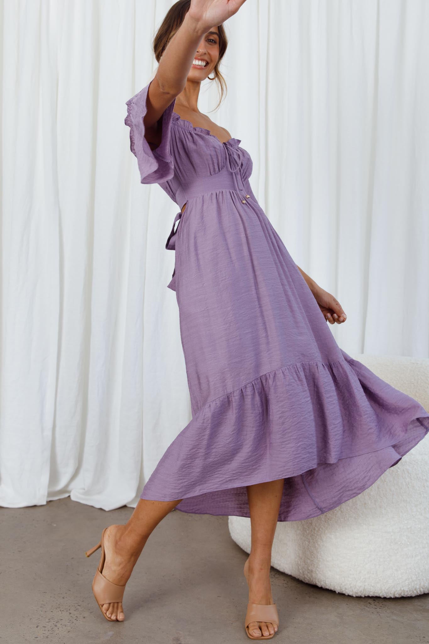Dandelion Off-Shoulder Tied Back Midi Dress Purple-Maymioy
