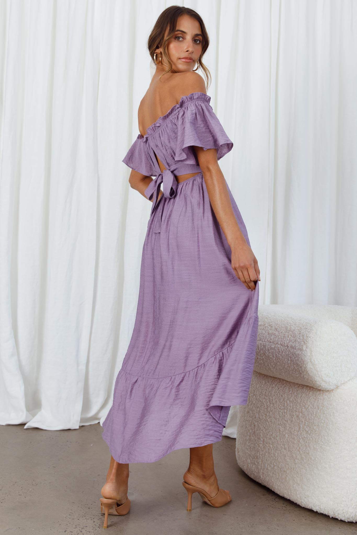 Dandelion Off-Shoulder Tied Back Midi Dress Purple-Maymioy