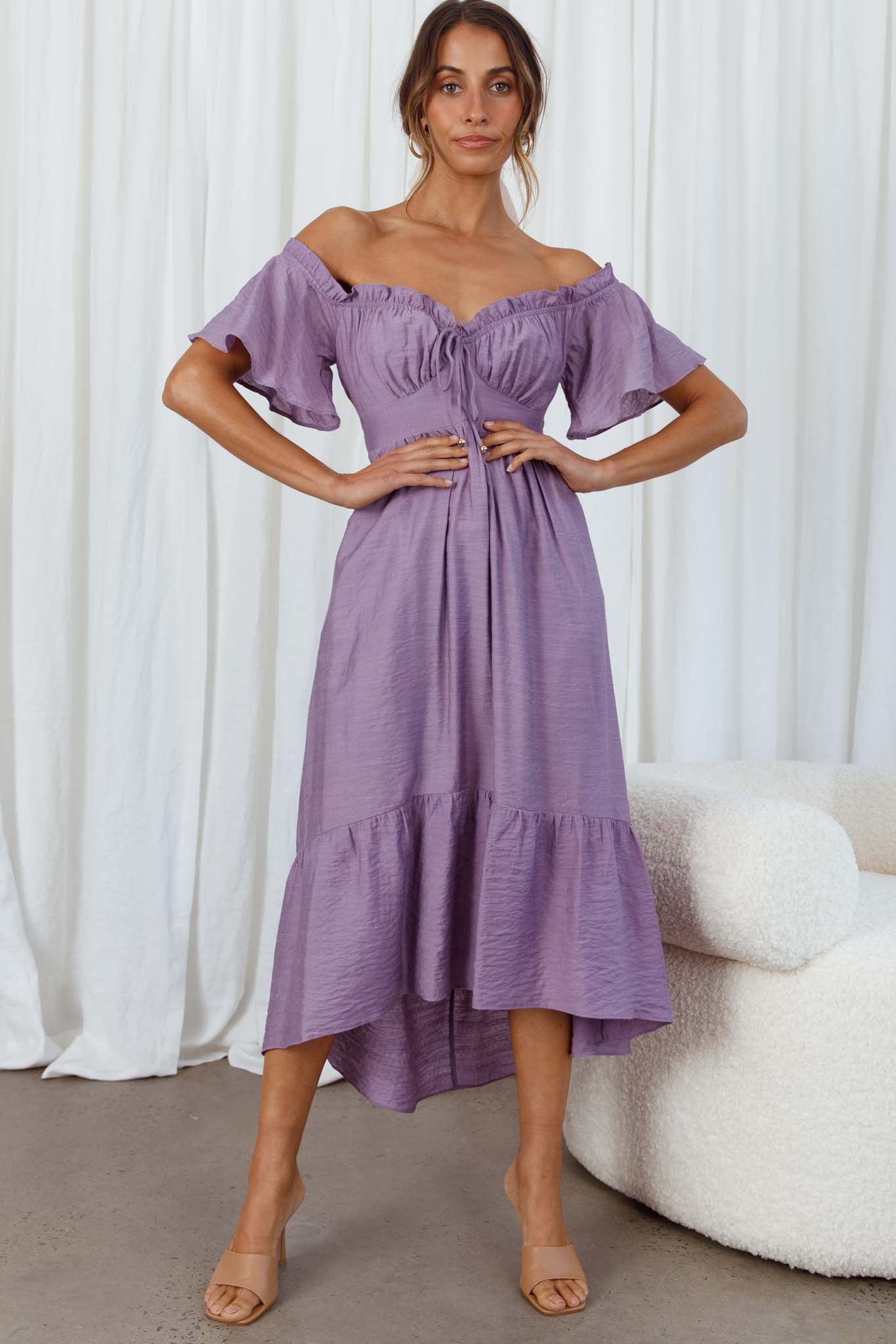 Dandelion Off-Shoulder Tied Back Midi Dress Purple-Maymioy