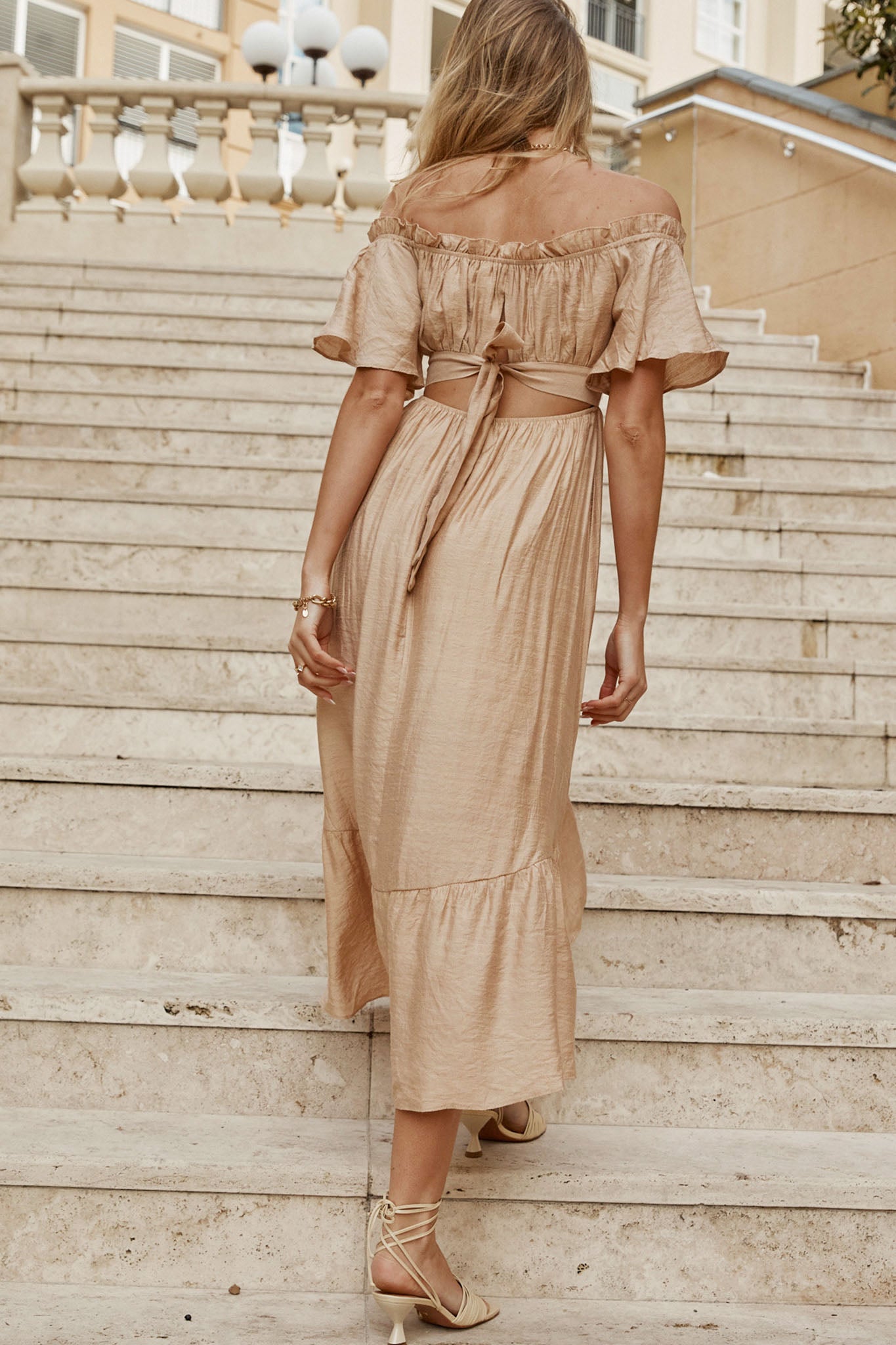 Dandelion Off-Shoulder Tied Back Midi Dress Sand-Maymioy