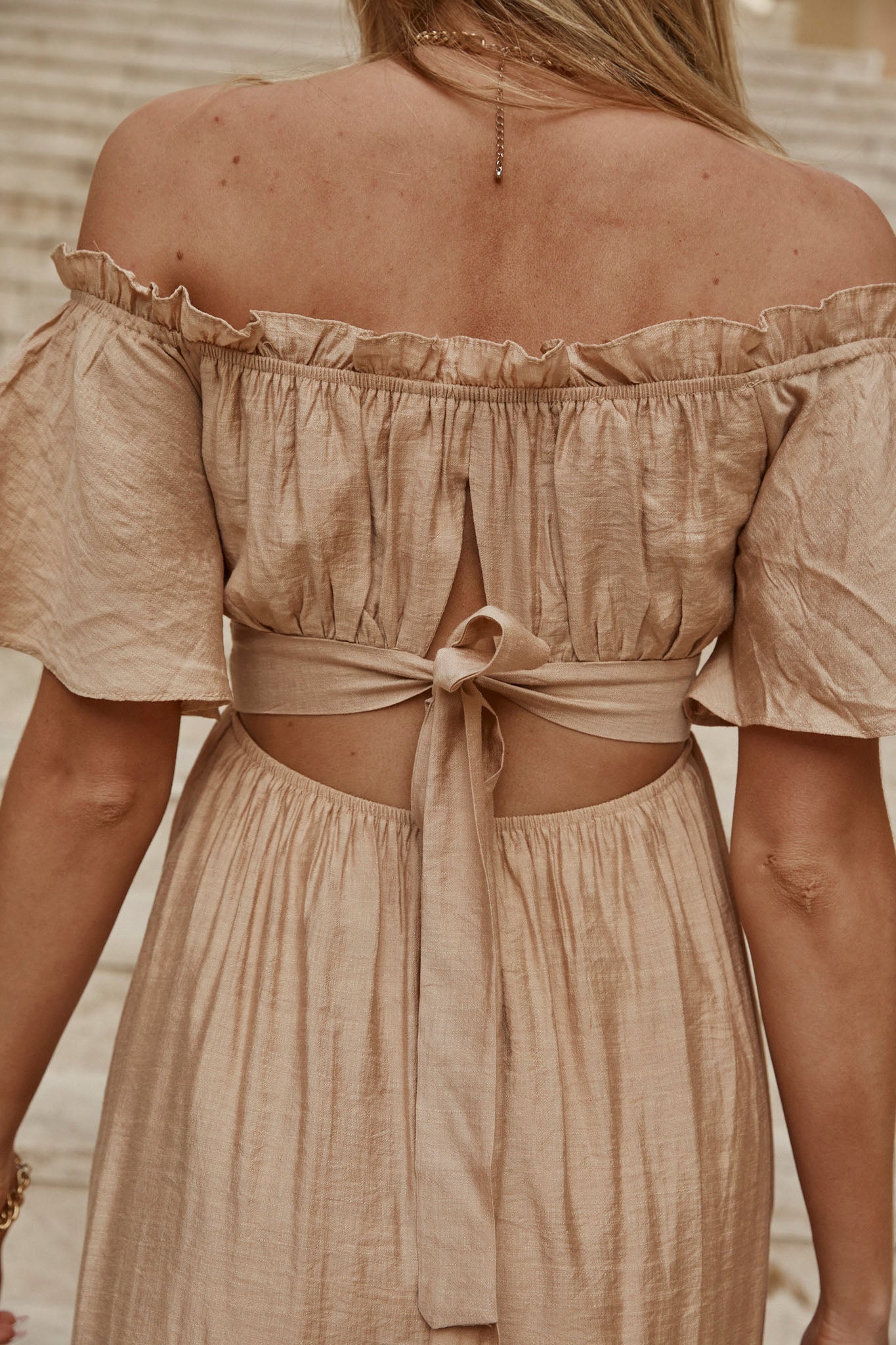 Dandelion Off-Shoulder Tied Back Midi Dress Sand-Maymioy
