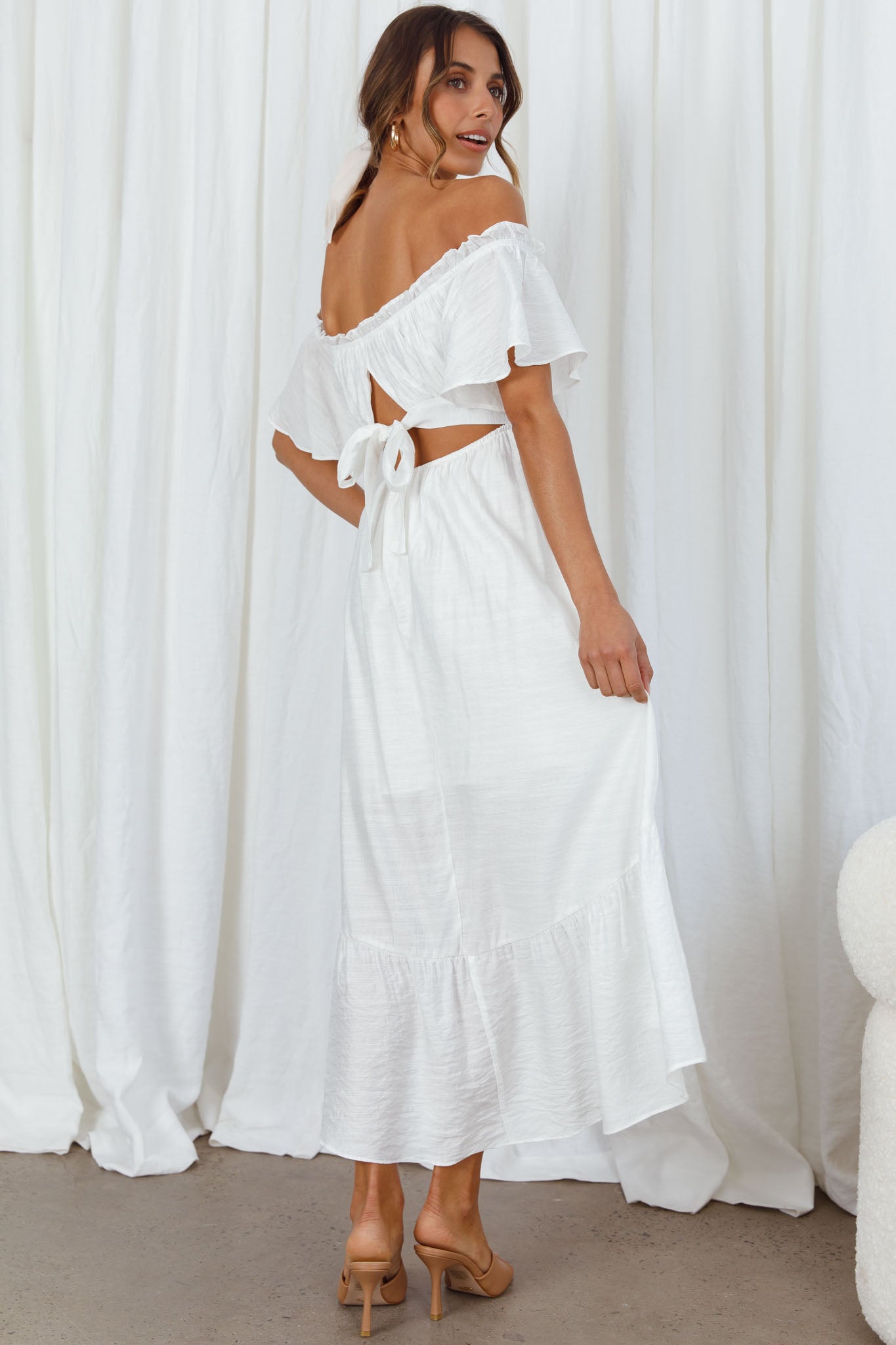 Dandelion Off-Shoulder Tied Back Midi Dress White-Maymioy