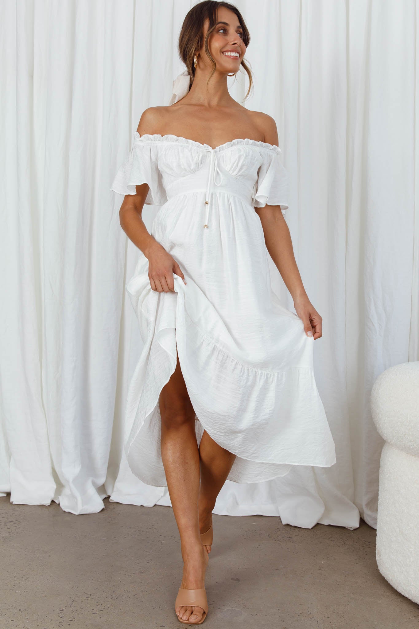 Dandelion Off-Shoulder Tied Back Midi Dress White-Maymioy