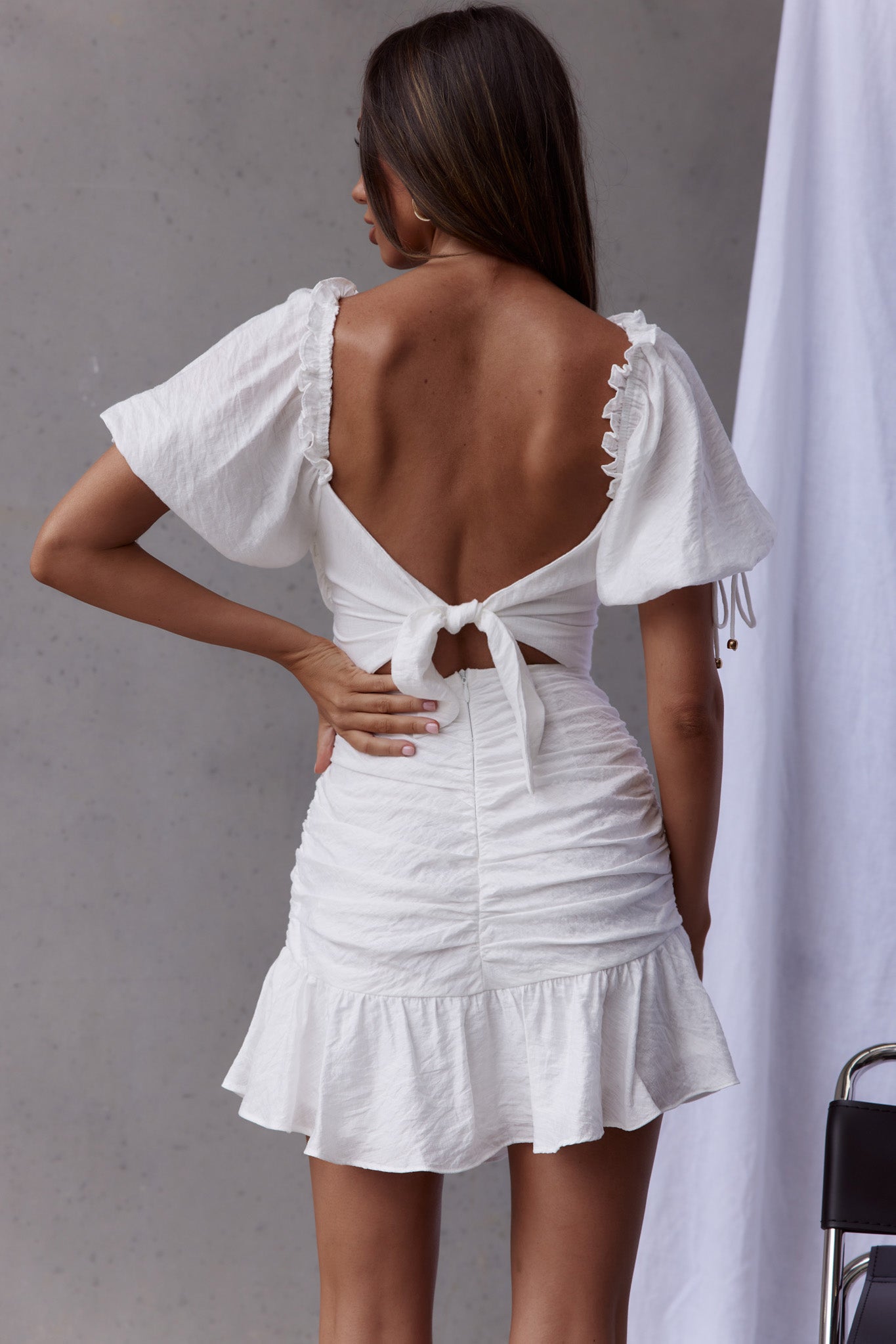 Mariel Puff Sleeve Crossover Bust Tied Back Mini Dress White-Maymioy