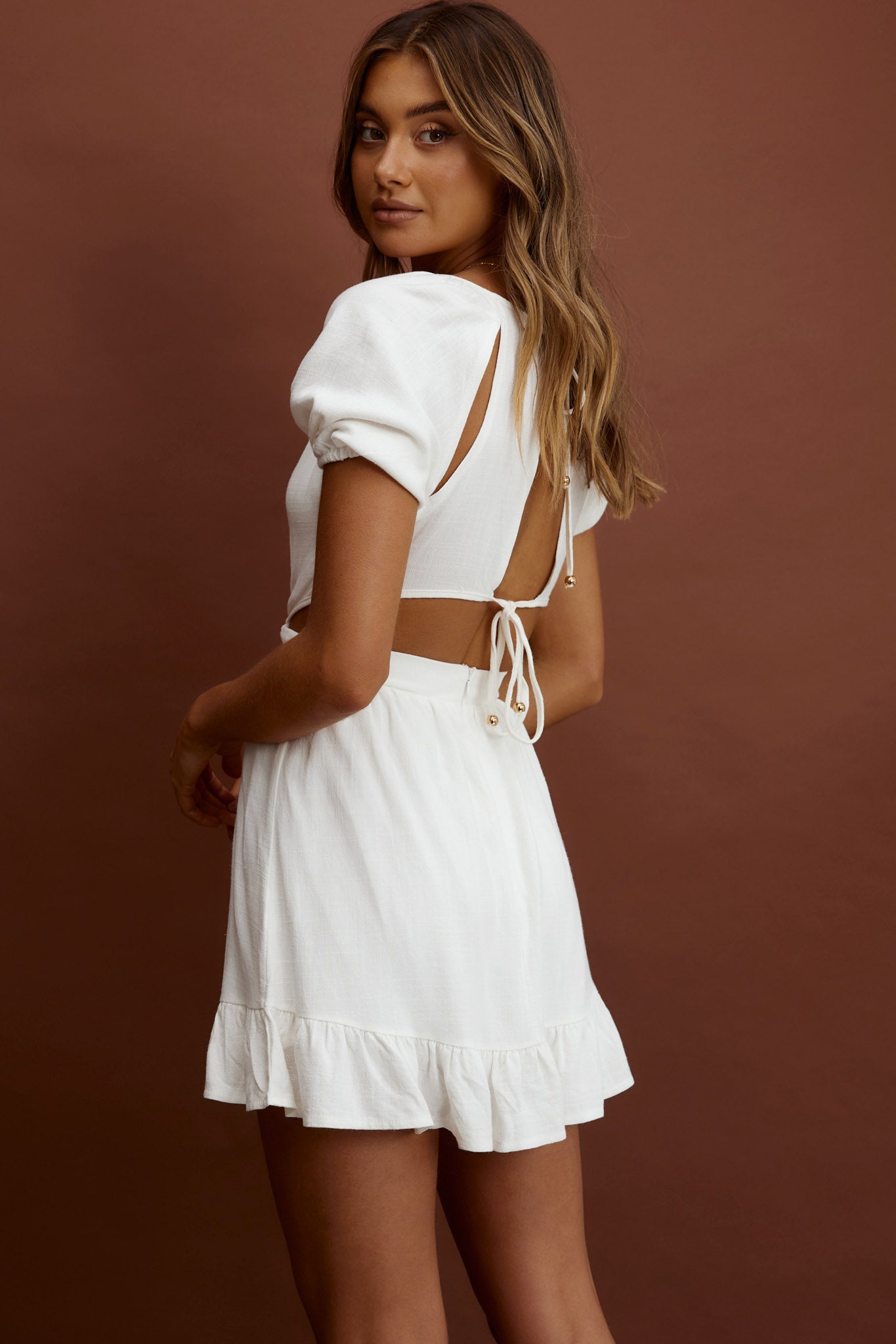 Kassidy Cut-Out Waist Mini Dress White-Maymioy