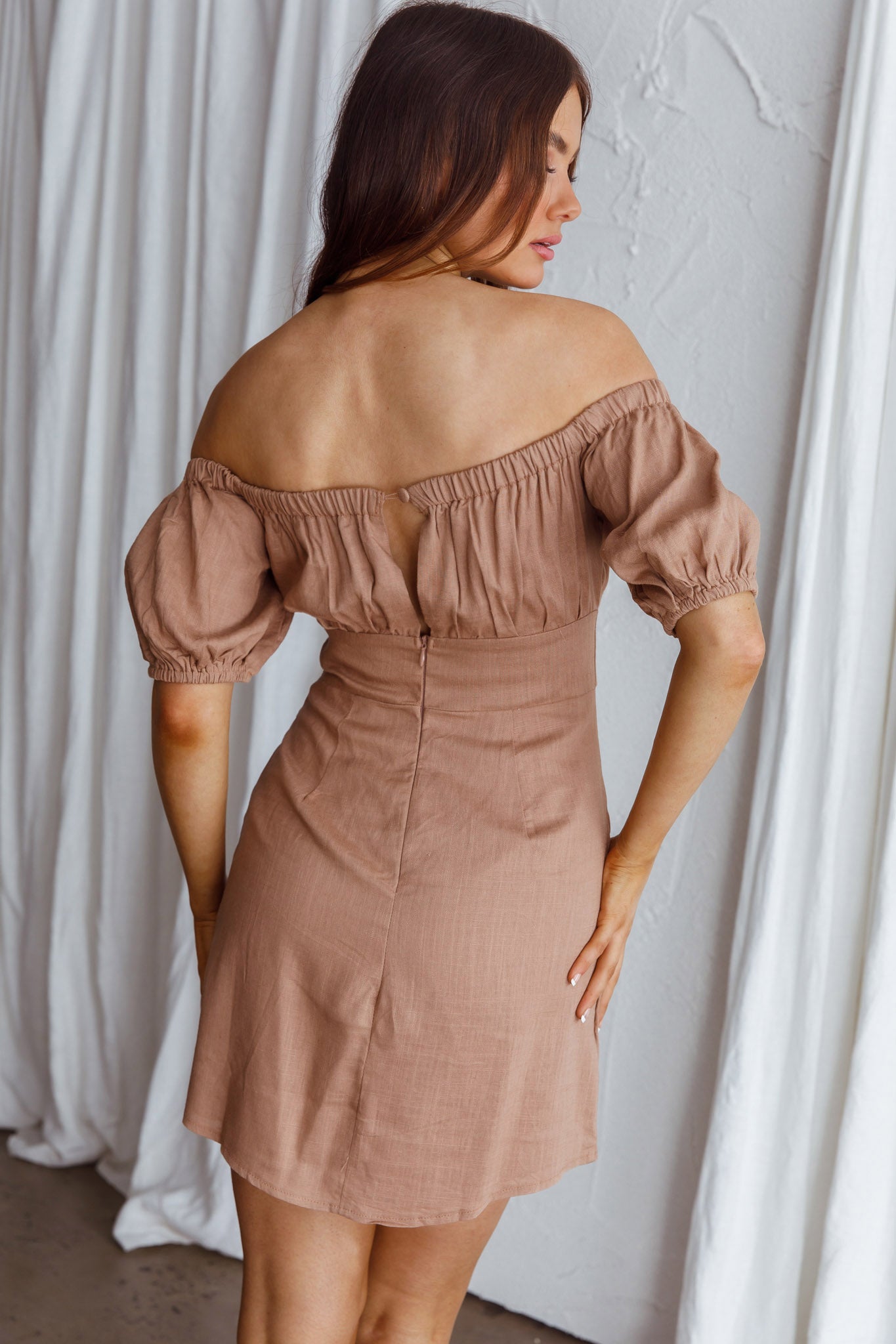 Dayanara Off-Shoulder Puff Sleeve Dress Mocha-Maymioy